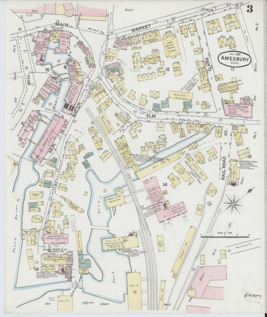 Sanborn Fire Insurance Map from Amesbury, Essex County, Massachusetts (1889), Sheet #0003 - Historic Sanborn Fire Insurance Map Print, vintage old map wall art, antique decor, genealogy gift, Massachusetts Massachusetts map