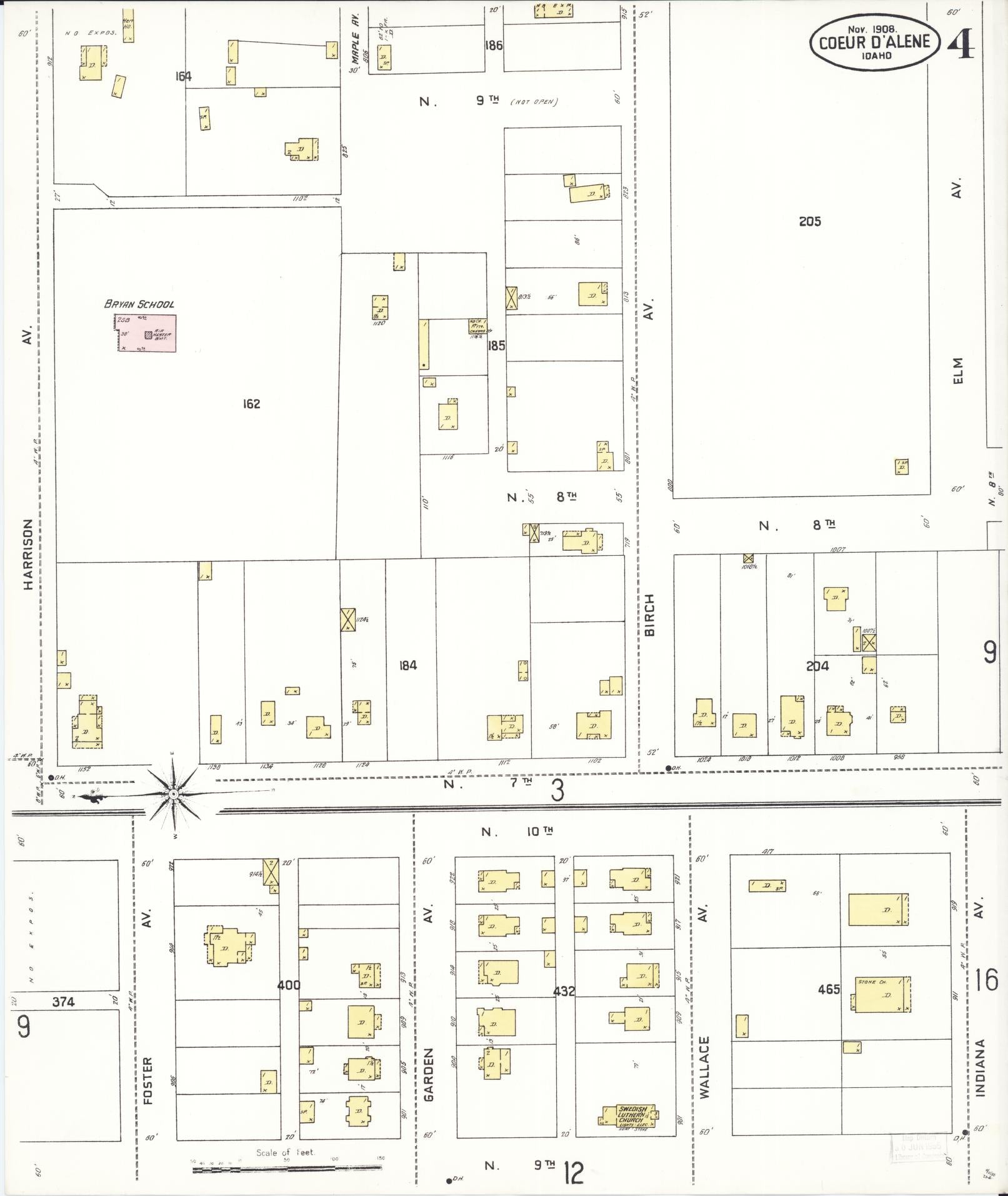 Sanborn Fire Insurance Map from Coeur D'alene, Kootenai County, Idaho (1908), Sheet #0004 - Complete Map Set gallery image, historic Sanborn map, vintage wall art, Idaho Idaho
