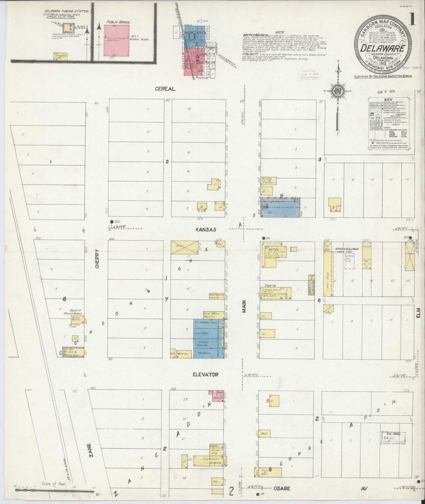 Sanborn Fire Insurance Map from Delaware, Nowata County, Oklahoma (1912), Sheet #0001 - Historic Sanborn Fire Insurance Map Print, vintage old map wall art, antique decor, genealogy gift, Oklahoma Oklahoma map