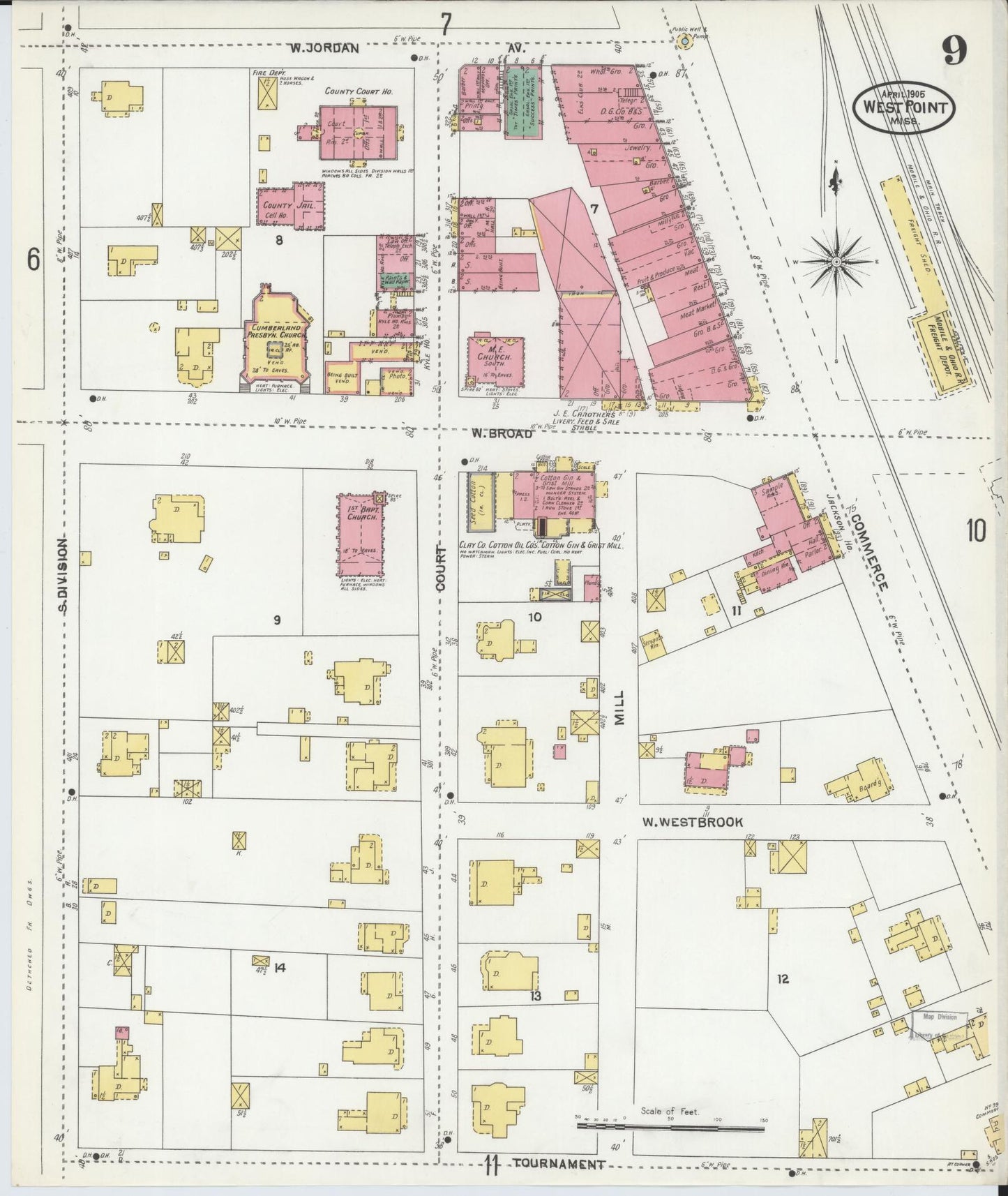 Sanborn Fire Insurance Map from West Point, Clay County, Mississippi (1905), Sheet #0009 - Complete Map Set gallery image, historic Sanborn map, vintage wall art, Mississippi Mississippi