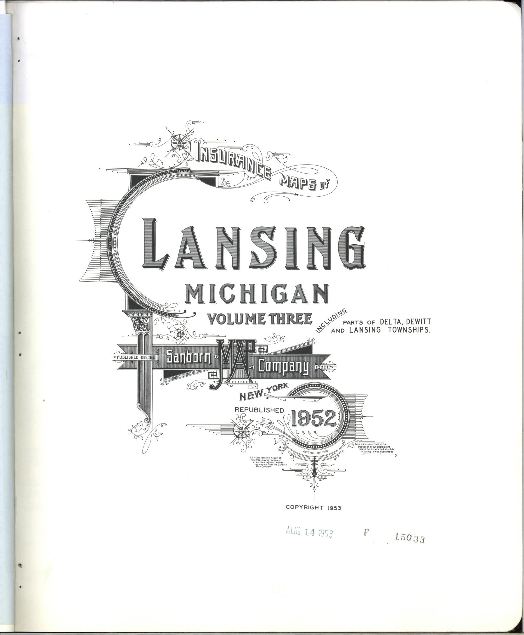 Sanborn Fire Insurance Map from Lansing, Ingham County, Michigan (1953), Sheet #0001 - Complete Map Set gallery image, historic Sanborn map, vintage wall art, Michigan Michigan
