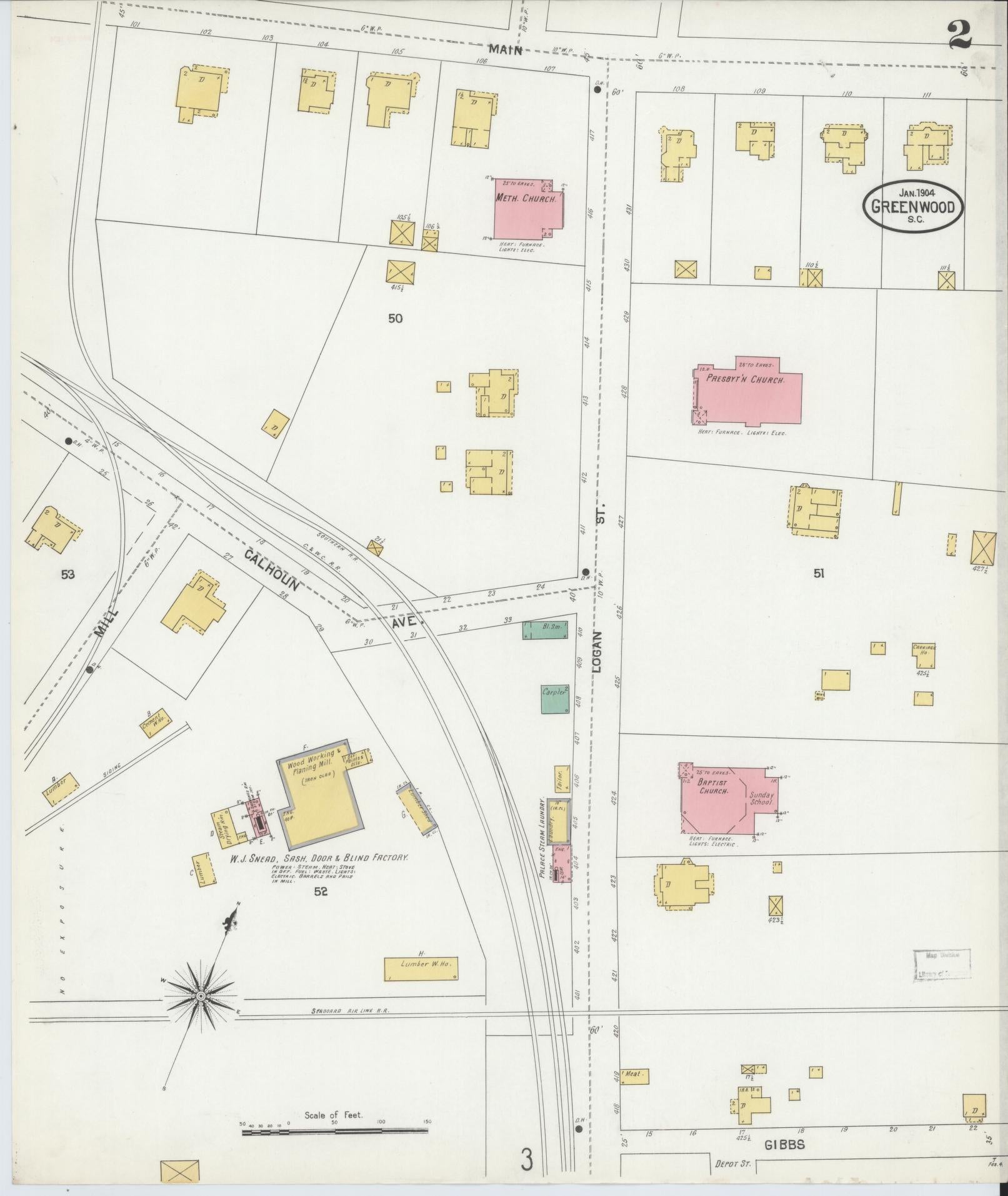 Sanborn Fire Insurance Map from Greenwood, Greenwood County, South Carolina (1904), Sheet #0002 - Complete Map Set gallery image, historic Sanborn map, vintage wall art, South Carolina South Carolina