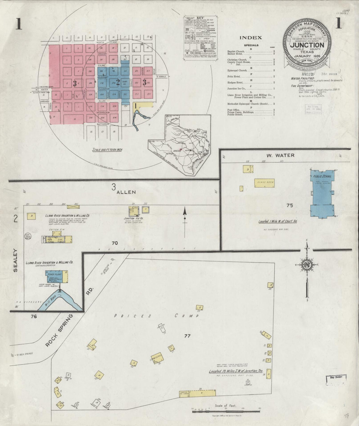 Sanborn Fire Insurance Map from Junction, Kimble County, Texas (1926), Sheet #0001 - Historic Sanborn Fire Insurance Map Print, vintage old map wall art, antique decor, genealogy gift, Texas Texas map