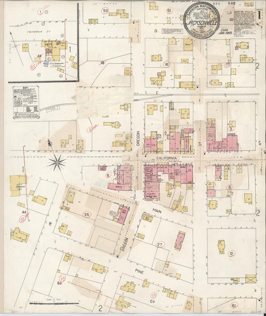 Sanborn Fire Insurance Map from Jacksonville, Jackson County, Oregon (1930), Sheet #0001 - Historic Sanborn Fire Insurance Map Print, vintage old map wall art, antique decor, genealogy gift, Oregon Oregon map