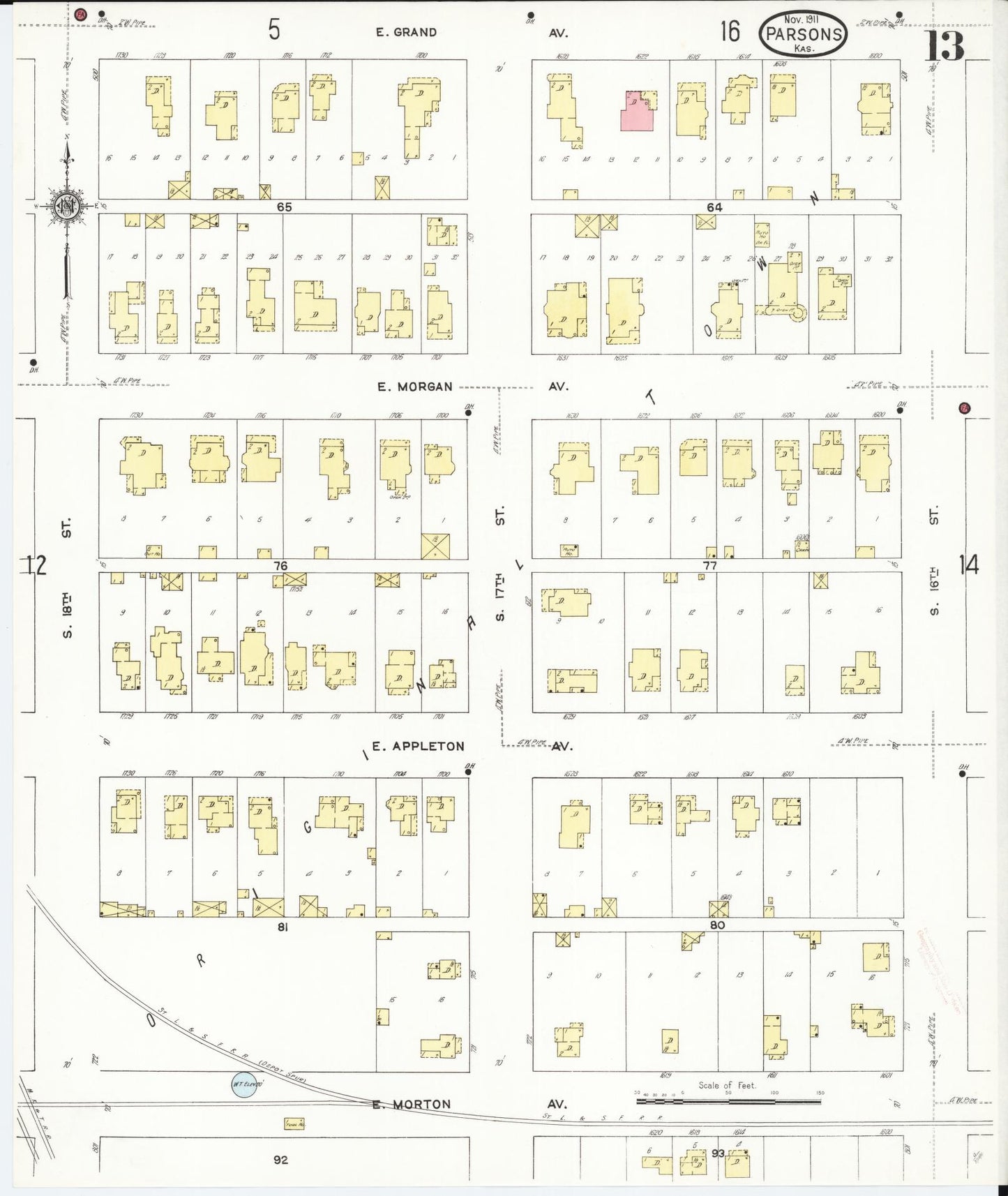 Sanborn Fire Insurance Map from Parsons, Labette County, Kansas (1911), Sheet #0013 - Historic Sanborn Fire Insurance Map Print, vintage old map wall art, antique decor, genealogy gift, Kansas Kansas map