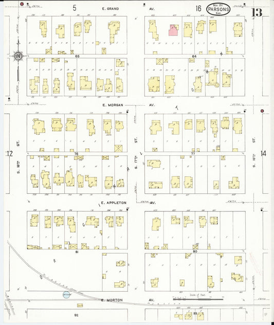 Sanborn Fire Insurance Map from Parsons, Labette County, Kansas (1911), Sheet #0013 - Historic Sanborn Fire Insurance Map Print, vintage old map wall art, antique decor, genealogy gift, Kansas Kansas map