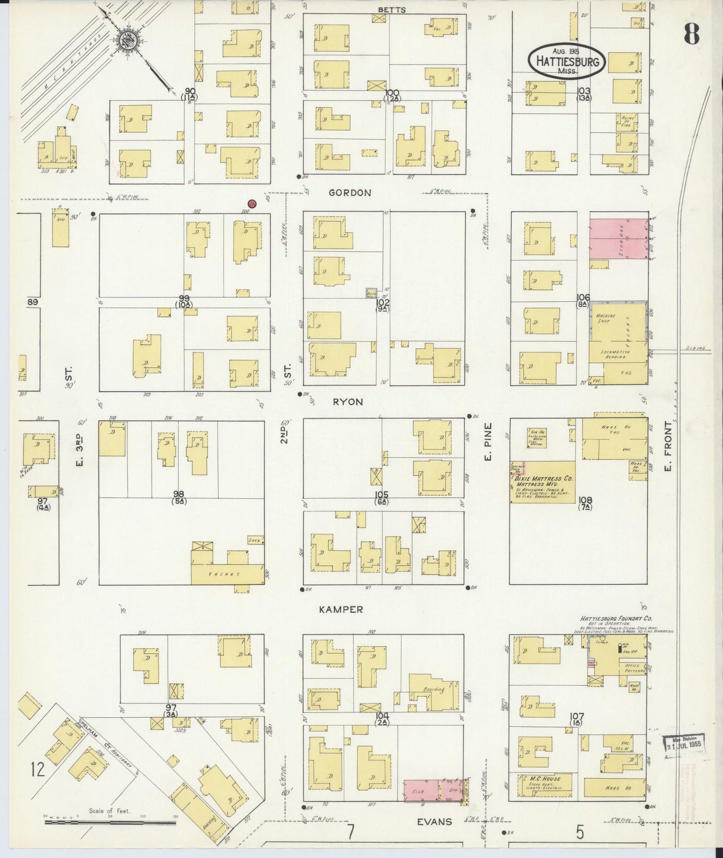 Sanborn Fire Insurance Map from Hattiesburg, Forrest County, Mississippi (1915), Sheet #0008 - Historic Sanborn Fire Insurance Map Print, vintage old map wall art, antique decor, genealogy gift, Mississippi Mississippi map