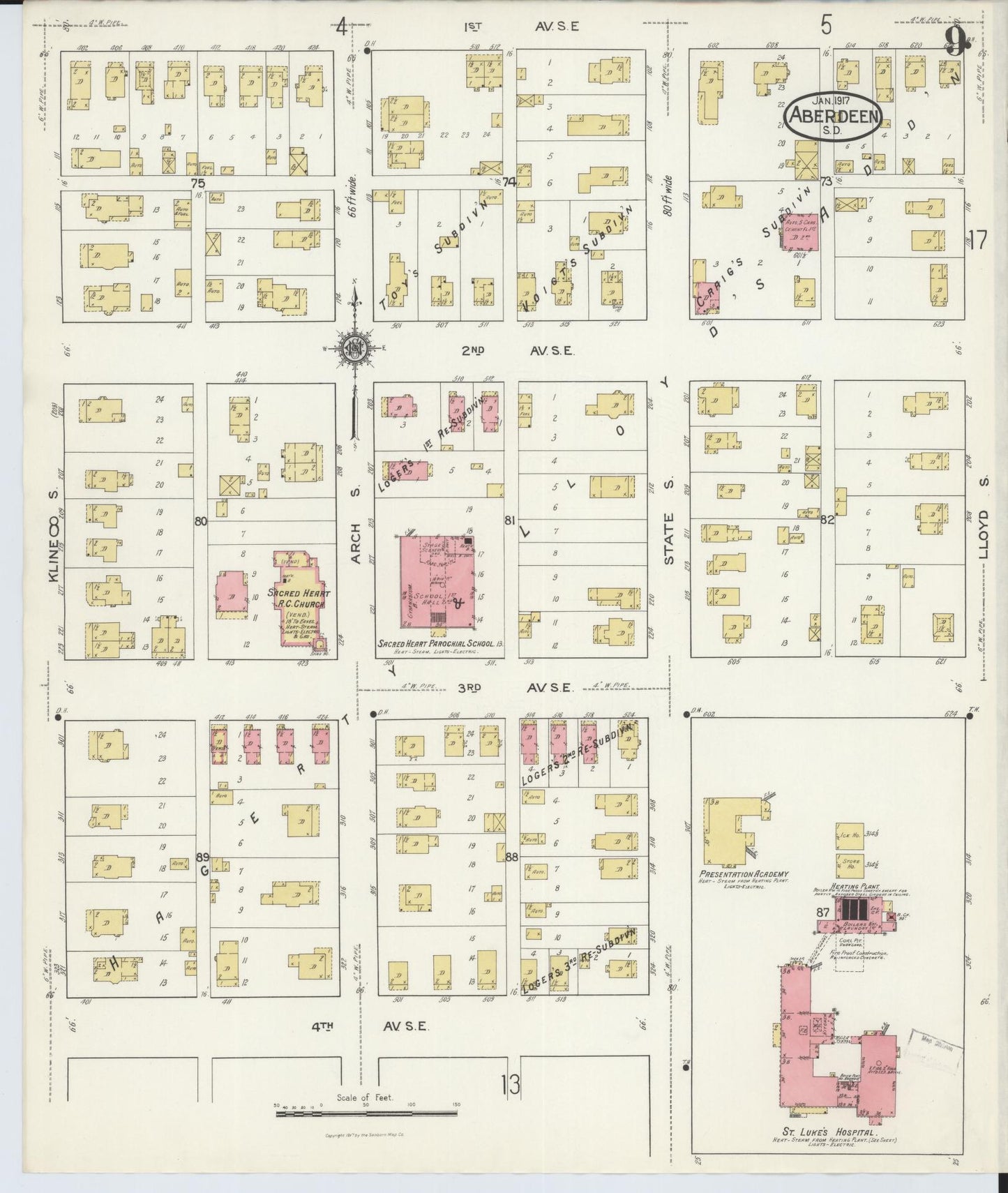 Sanborn Fire Insurance Map from Aberdeen, Brown County, South Dakota (1917), Sheet #0009 - Complete Map Set gallery image, historic Sanborn map, vintage wall art, South Dakota South Dakota