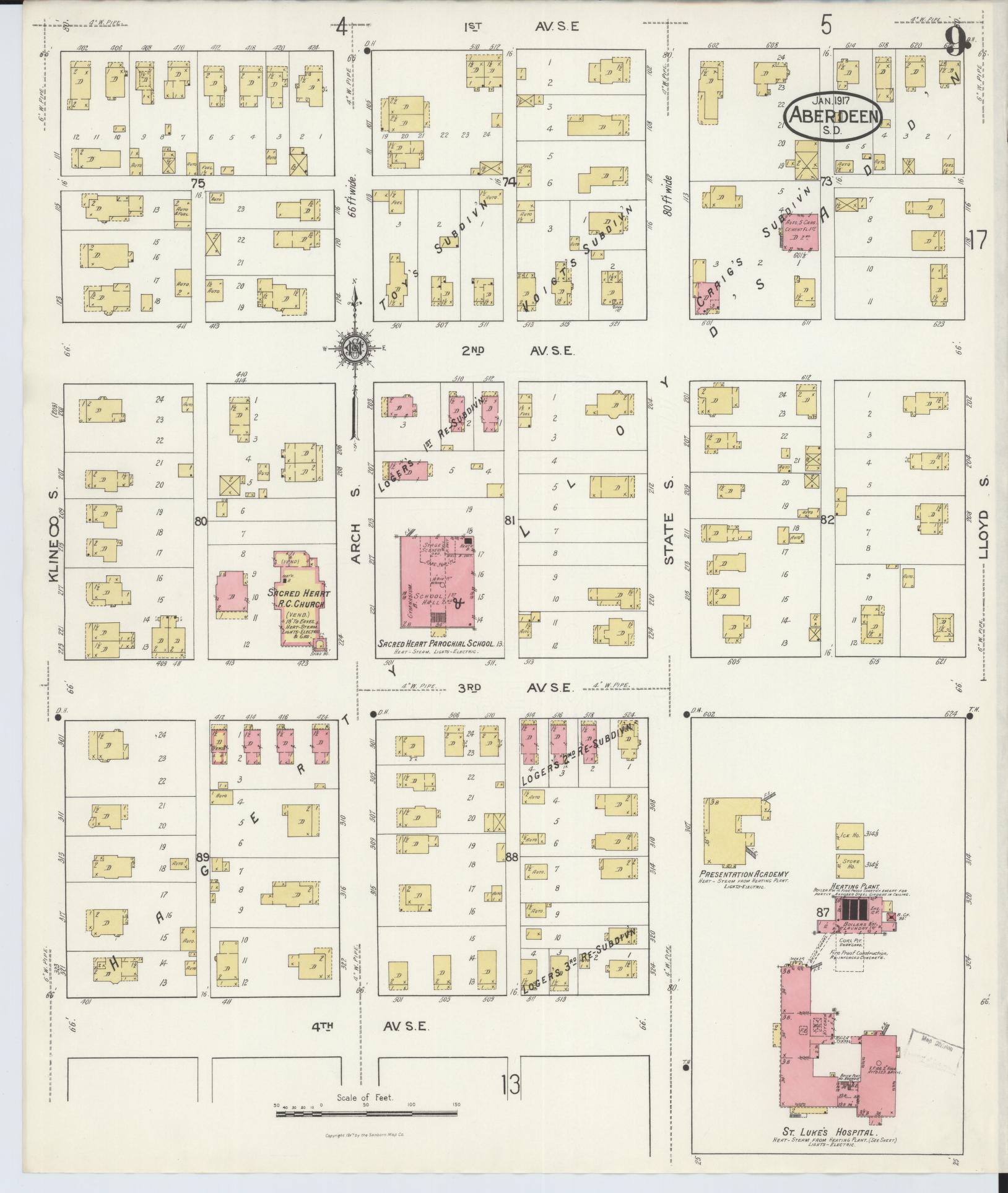 Sanborn Fire Insurance Map from Aberdeen, Brown County, South Dakota (1917), Sheet #0009 - Complete Map Set gallery image, historic Sanborn map, vintage wall art, South Dakota South Dakota