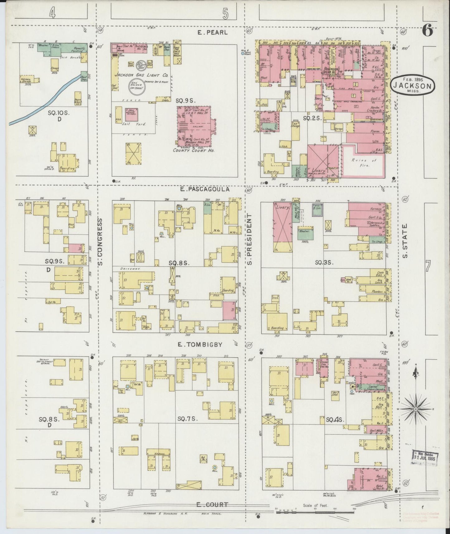 Sanborn Fire Insurance Map from Jackson, Hinds County, Mississippi (1895), Sheet #0006 - Complete Map Set gallery image, historic Sanborn map, vintage wall art, Mississippi Mississippi