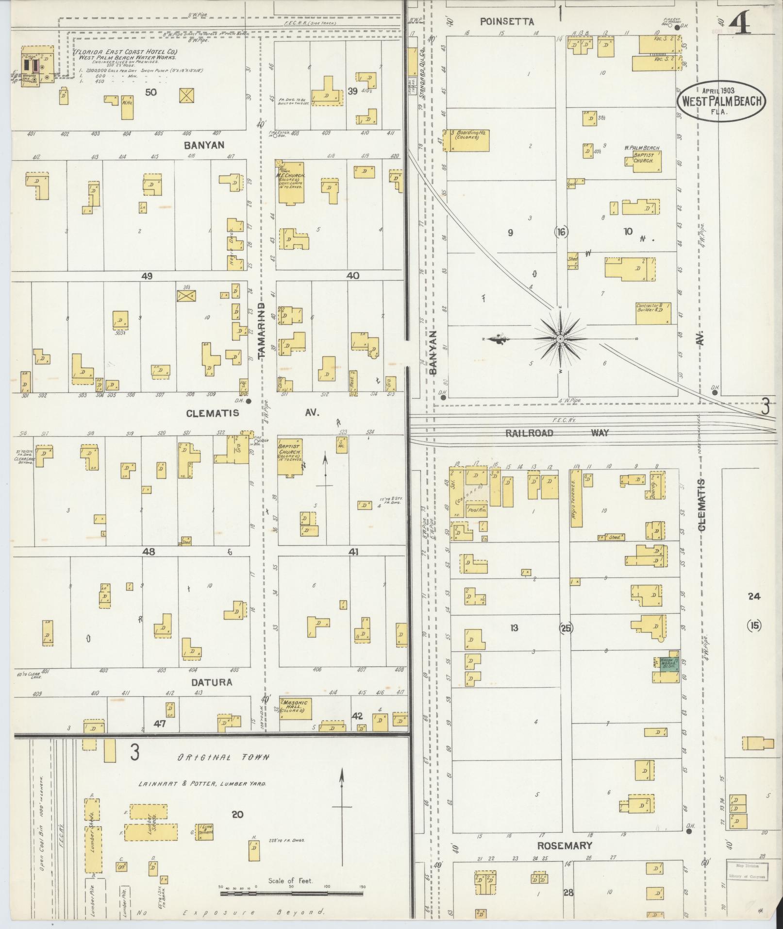 Sanborn Fire Insurance Map from West Palm Beach, Dade County, Florida (1903), Sheet #0004 - Complete Map Set gallery image, historic Sanborn map, vintage wall art, Florida Florida