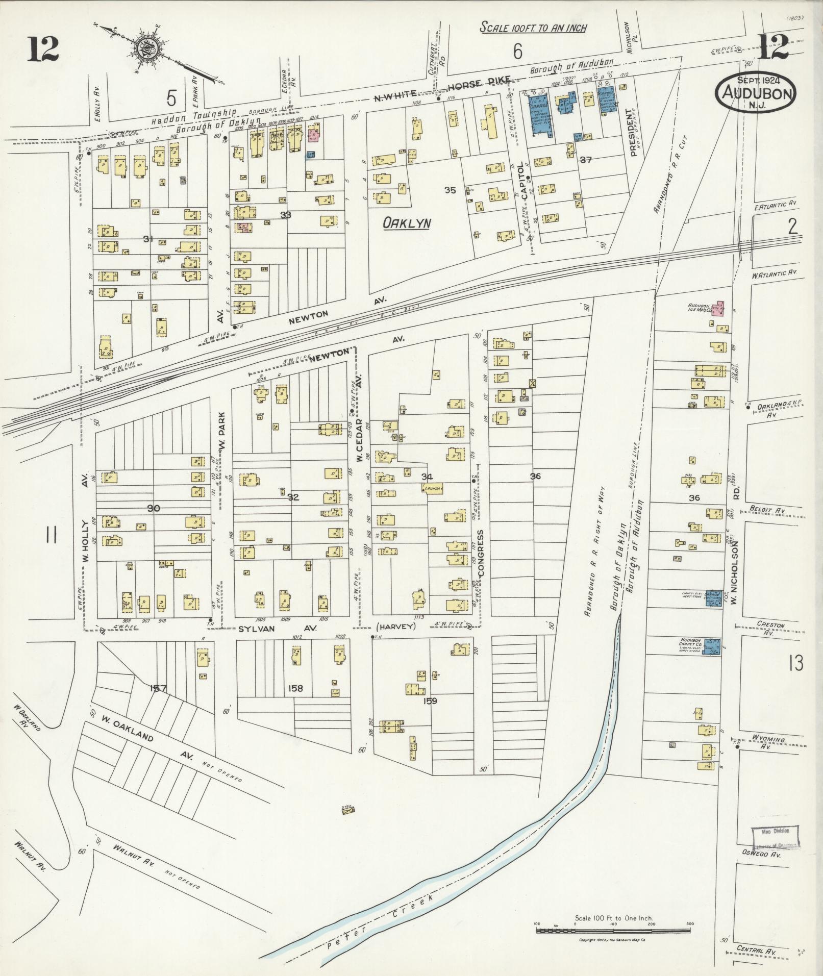 Sanborn Fire Insurance Map from Audubon, Camden County, New Jersey (1924), Sheet #0012 - Historic Sanborn Fire Insurance Map Print, vintage old map wall art, antique decor, genealogy gift, New Jersey New Jersey map