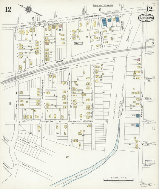 Sanborn Fire Insurance Map from Audubon, Camden County, New Jersey (1924), Sheet #0012 - Historic Sanborn Fire Insurance Map Print, vintage old map wall art, antique decor, genealogy gift, New Jersey New Jersey map