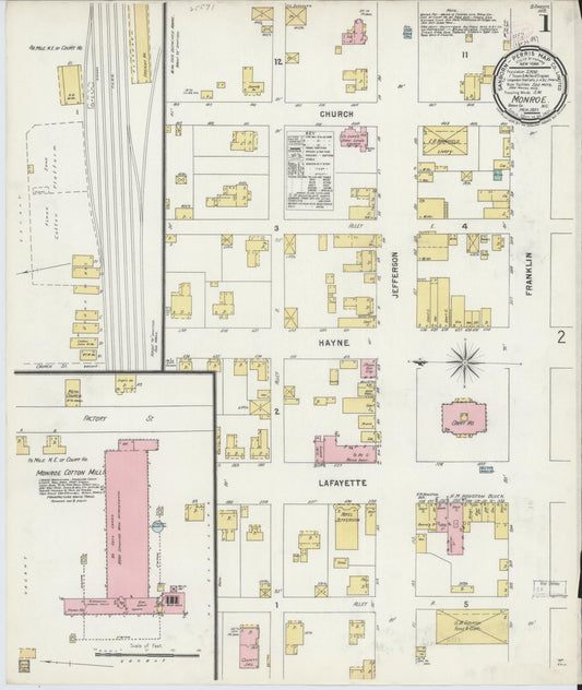 Sanborn Fire Insurance Map from Monroe, Union County, North Carolina (1897), Sheet #0001 - Historic Sanborn Fire Insurance Map Print, vintage old map wall art, antique decor, genealogy gift, North Carolina North Carolina map