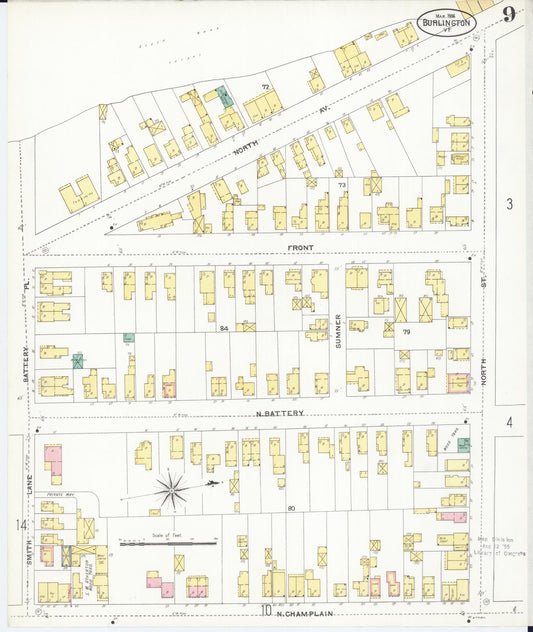 Sanborn Fire Insurance Map from Burlington, Chittenden County, Vermont (1906), Sheet #0009 - Historic Sanborn Fire Insurance Map Print, vintage old map wall art, antique decor, genealogy gift, Vermont Vermont map