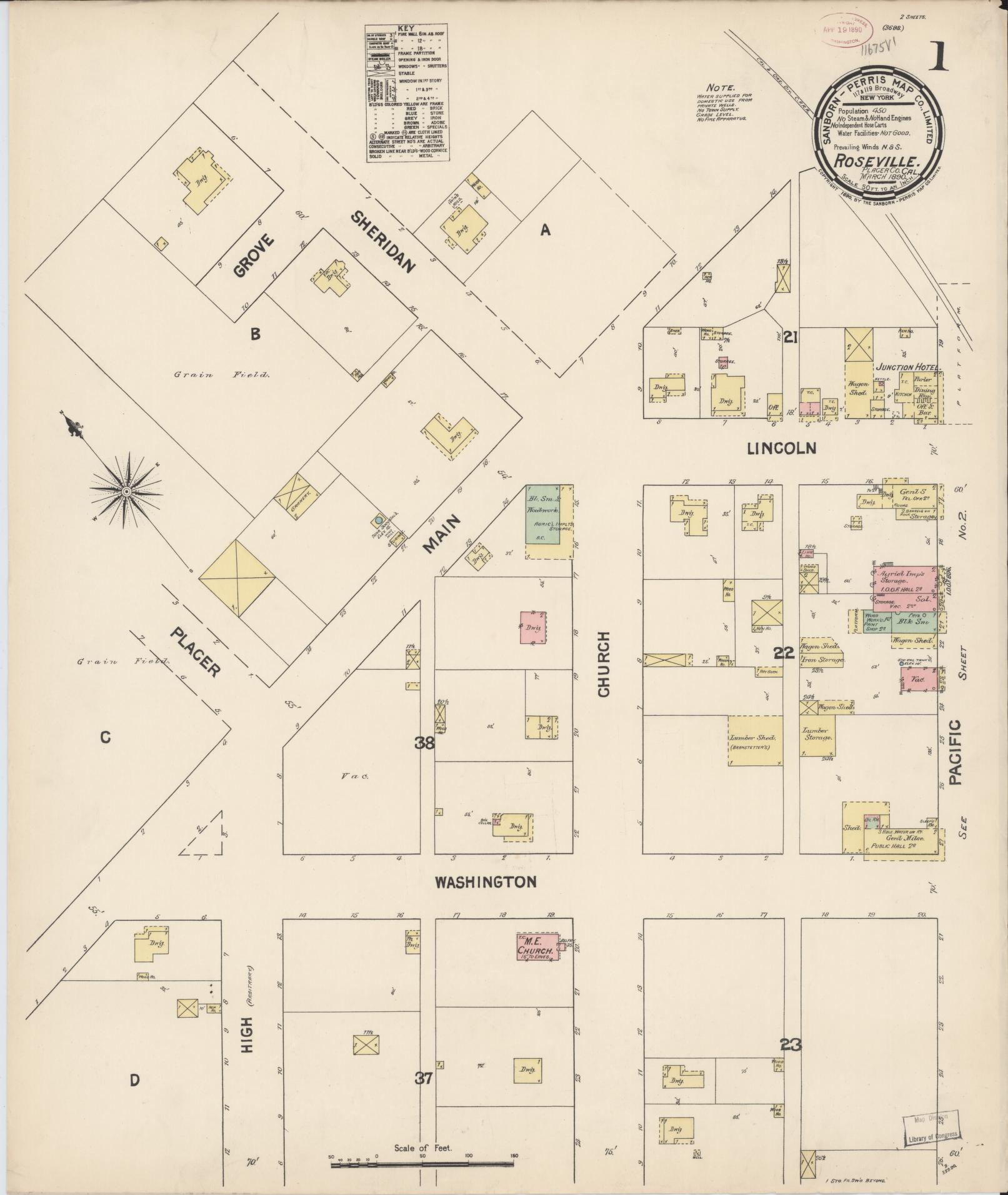 Sanborn Fire Insurance Map from Roseville, Placer County, California (1890), Sheet #0001 - Complete Map Set gallery image, historic Sanborn map, vintage wall art, California California