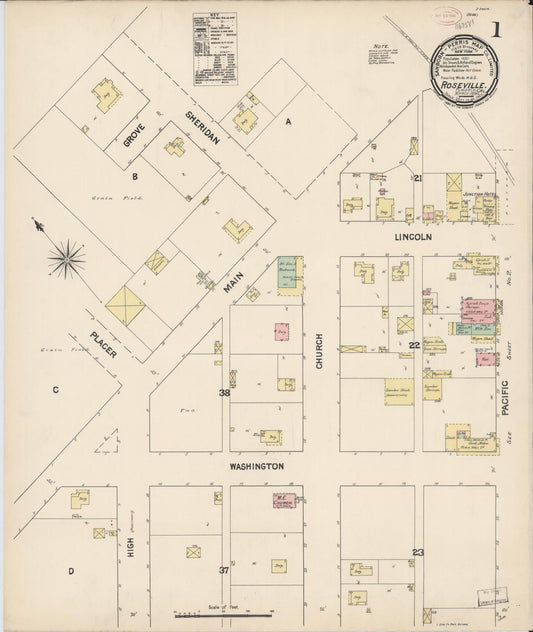 Sanborn Fire Insurance Map from Roseville, Placer County, California (1890), Sheet #0001 - Complete Map Set gallery image, historic Sanborn map, vintage wall art, California California