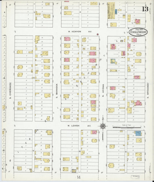 Sanborn Fire Insurance Map from Englewood, Arapahoe County, Colorado (1919), Sheet #0013 - Historic Sanborn Fire Insurance Map Print, vintage old map wall art, antique decor, genealogy gift, Colorado Colorado map