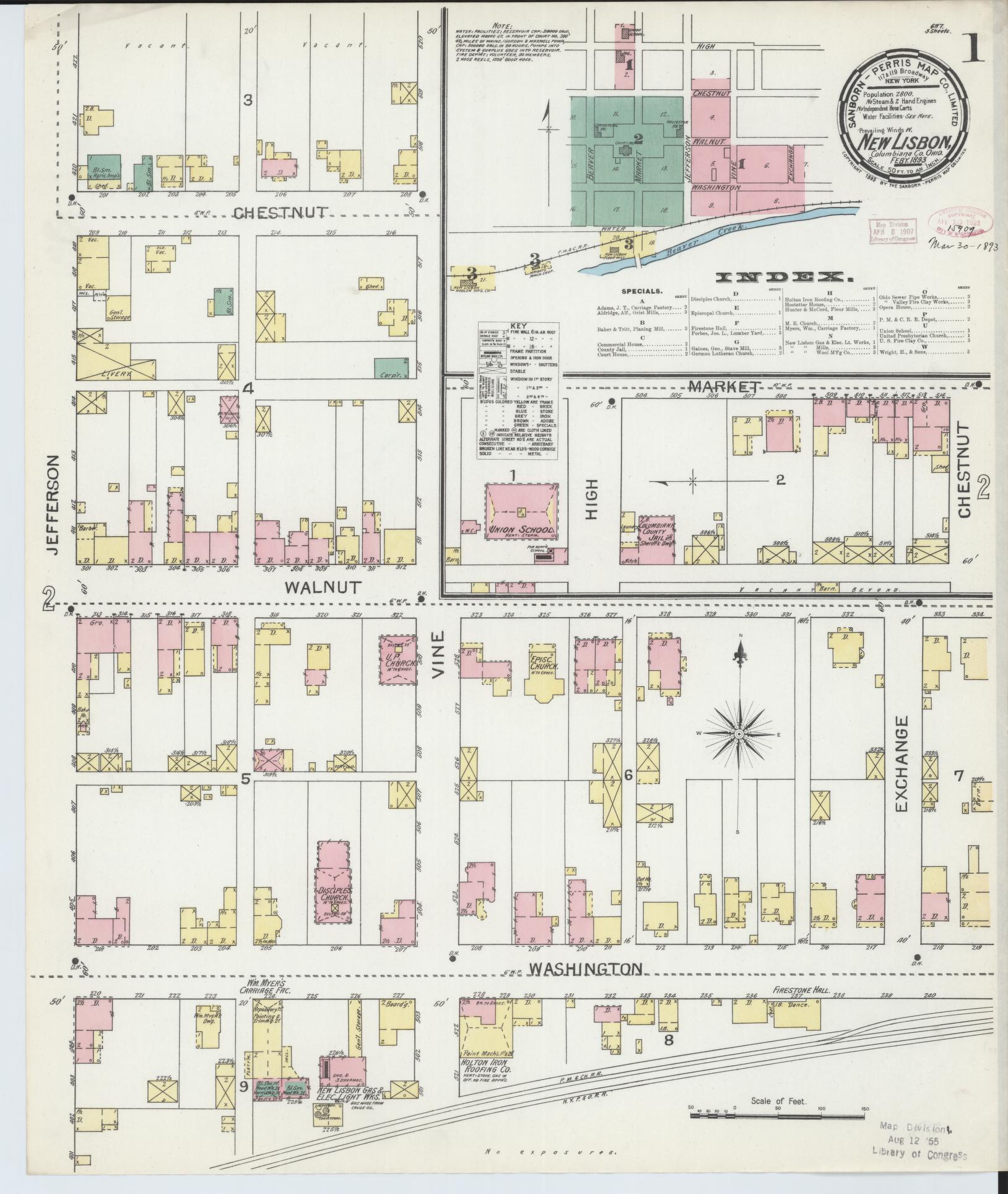 Sanborn Fire Insurance Map from New Lisbon, Columbiana County, Ohio (1893), Sheet #0001 - Historic Sanborn Fire Insurance Map Print, vintage old map wall art, antique decor, genealogy gift, Ohio Ohio map