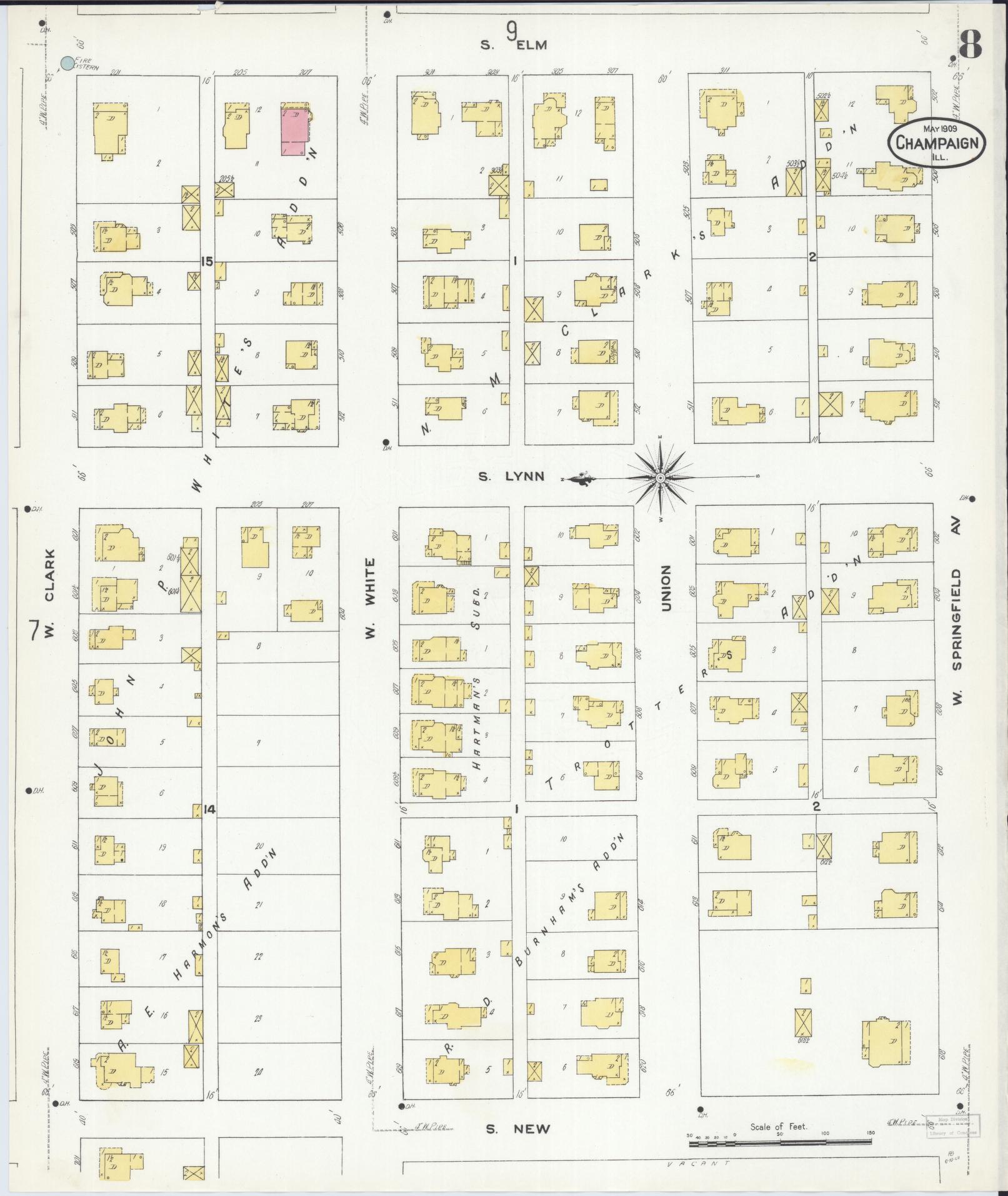 Sanborn Fire Insurance Map from Champaign, Champaign County, Illinois (1909), Sheet #0008 - Historic Sanborn Fire Insurance Map Print, vintage old map wall art, antique decor, genealogy gift, Illinois Illinois map