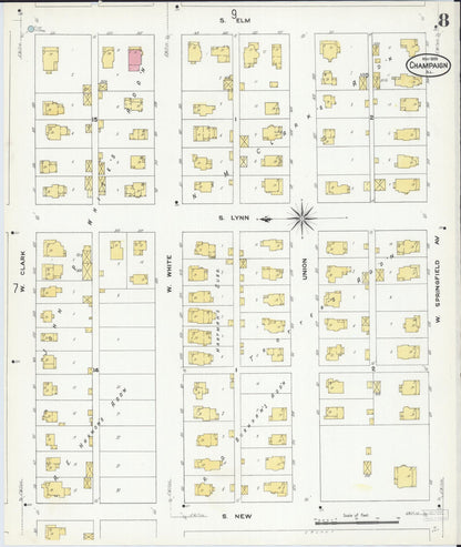 Sanborn Fire Insurance Map from Champaign, Champaign County, Illinois (1909), Sheet #0008 - Historic Sanborn Fire Insurance Map Print, vintage old map wall art, antique decor, genealogy gift, Illinois Illinois map