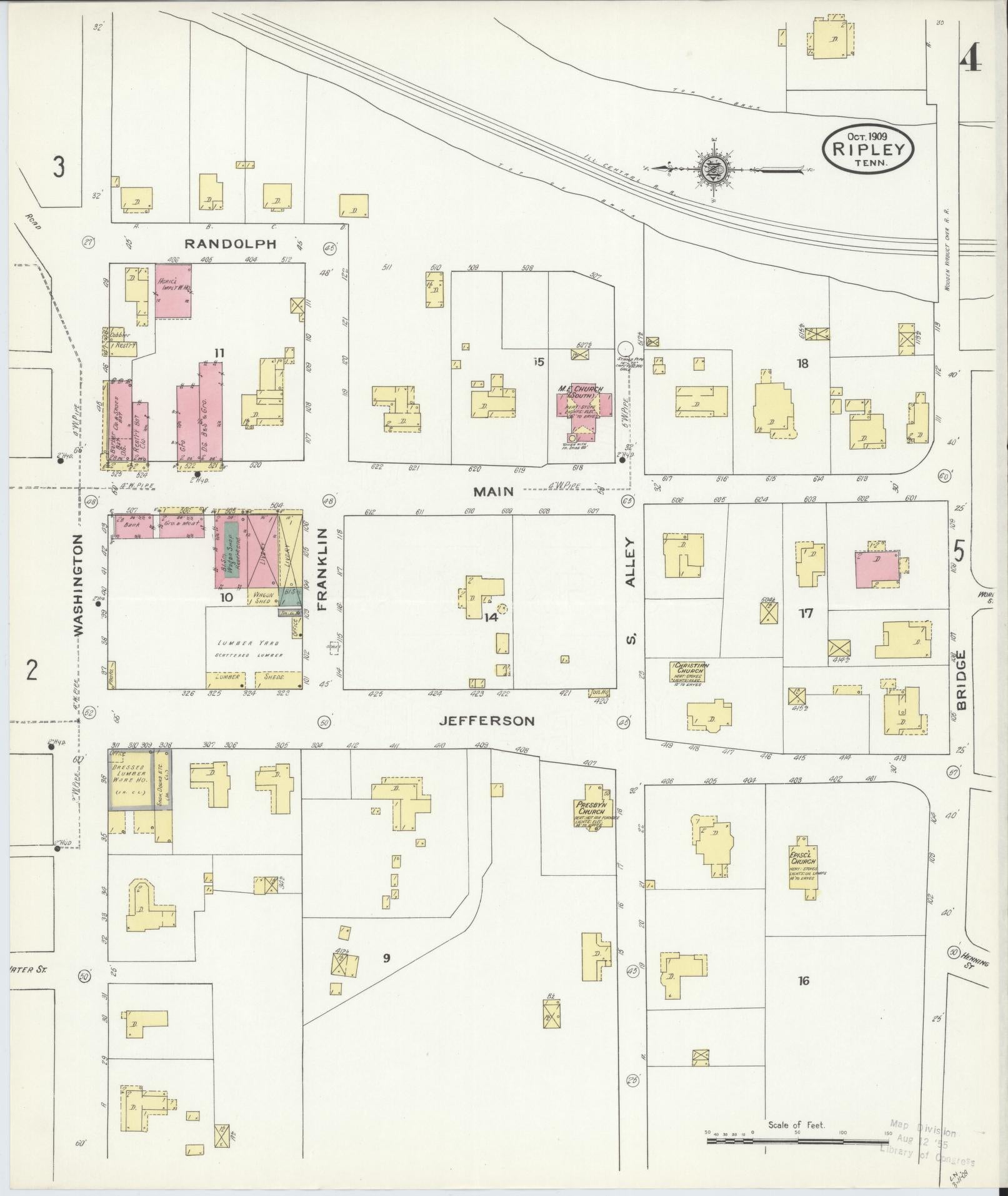 Sanborn Fire Insurance Map from Ripley, Lauderdale County, Tennessee (1909), Sheet #0004 - Historic Sanborn Fire Insurance Map Print, vintage old map wall art, antique decor, genealogy gift, Tennessee Tennessee map