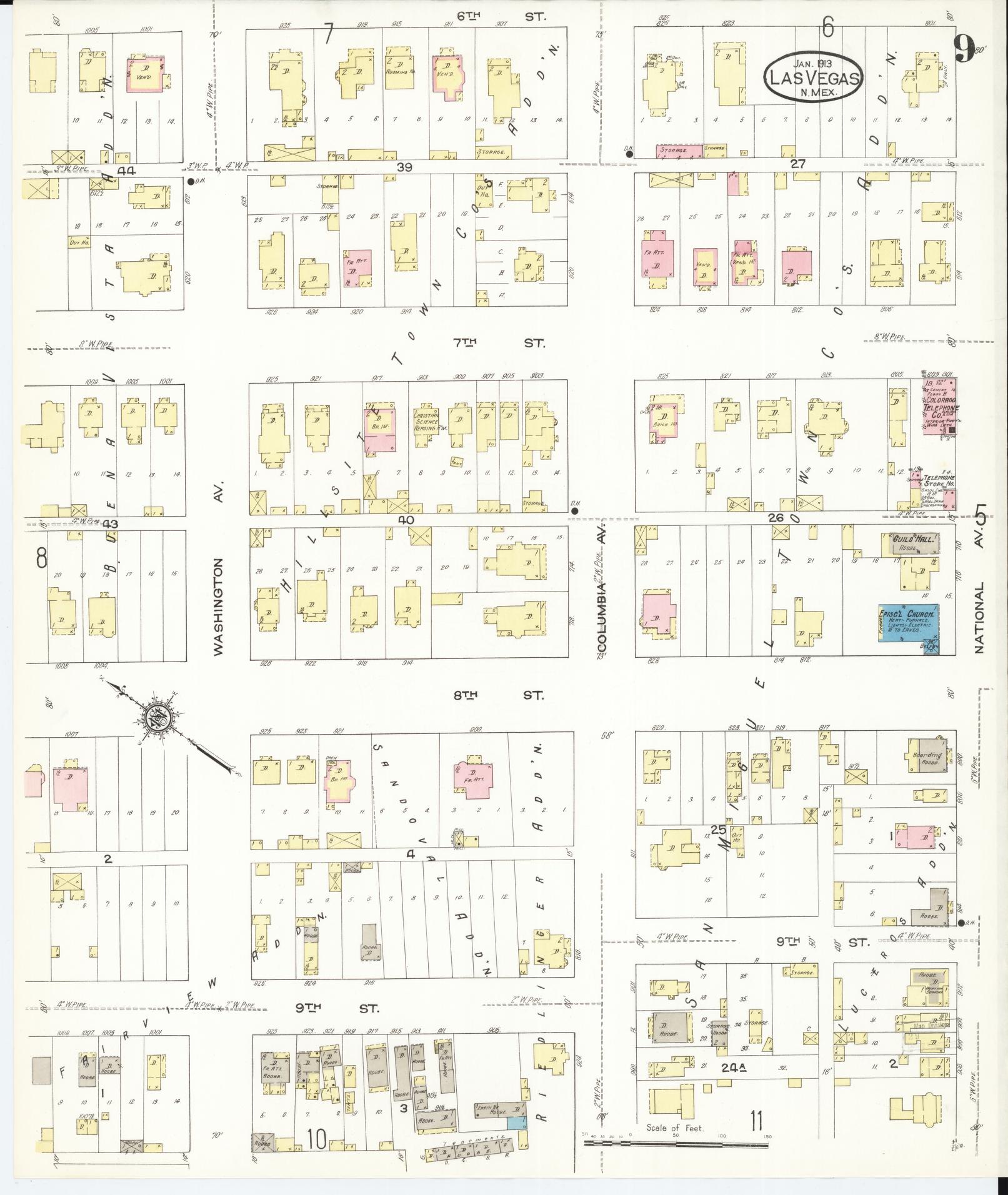 Sanborn Fire Insurance Map from Las Vegas, San Miguel County, New Mexico (1913), Sheet #0009 - Historic Sanborn Fire Insurance Map Print, vintage old map wall art, antique decor, genealogy gift, New Mexico New Mexico map