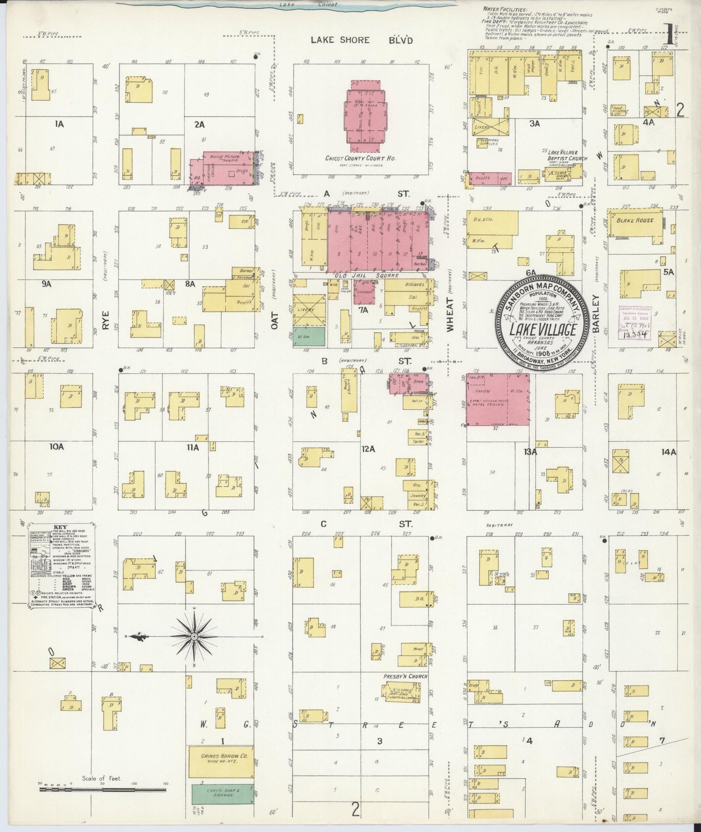 Sanborn Fire Insurance Map from Lake Village, Chicot County, Arkansas (1908), Sheet #0001 - Complete Map Set gallery image, historic Sanborn map, vintage wall art, Arkansas Arkansas