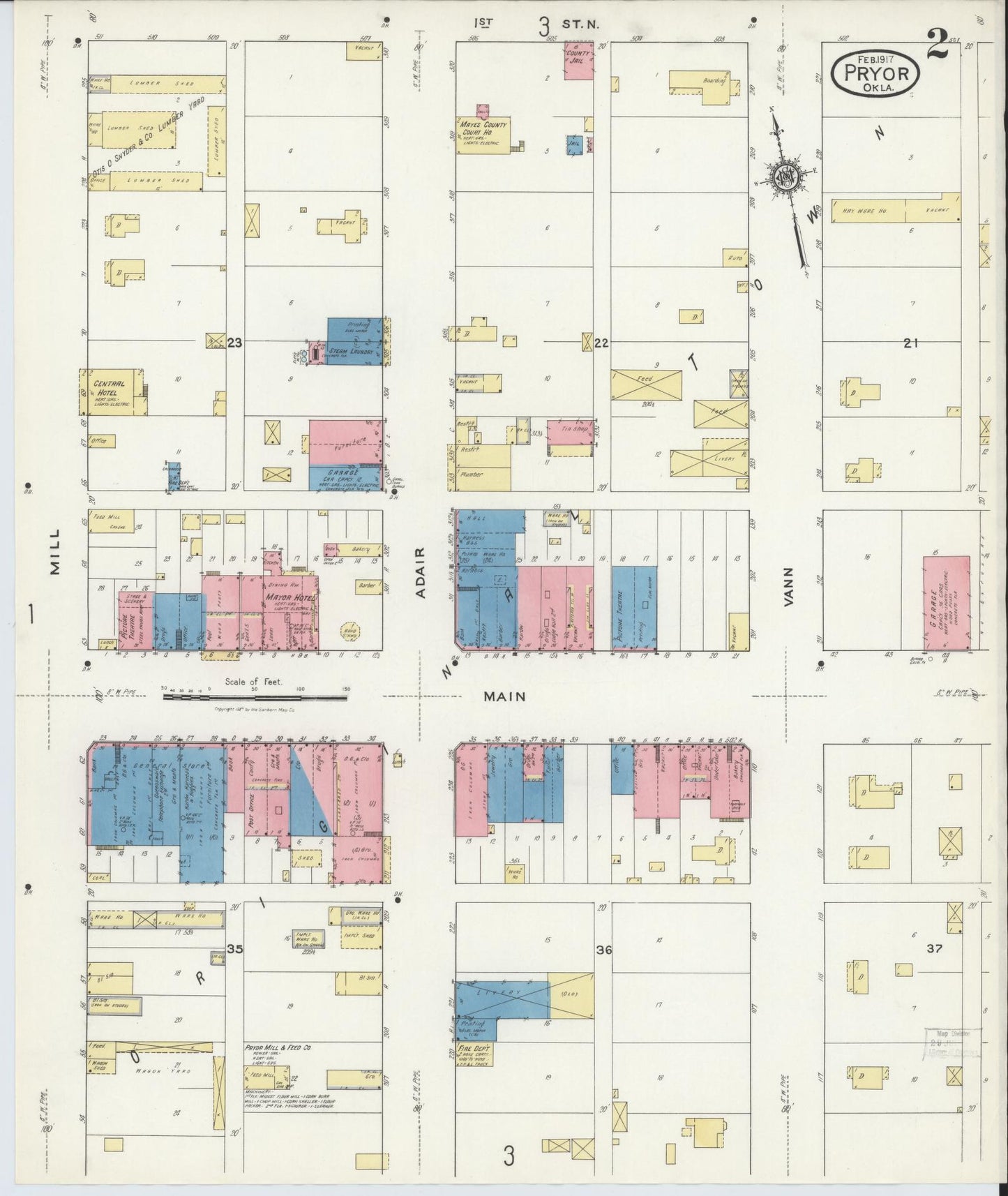 Sanborn Fire Insurance Map from Pryor Creek, Mayes County, Oklahoma (1917), Sheet #0002 - Historic Sanborn Fire Insurance Map Print, vintage old map wall art, antique decor, genealogy gift, Oklahoma Oklahoma map