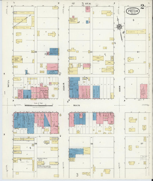 Sanborn Fire Insurance Map from Pryor Creek, Mayes County, Oklahoma (1917), Sheet #0002 - Historic Sanborn Fire Insurance Map Print, vintage old map wall art, antique decor, genealogy gift, Oklahoma Oklahoma map
