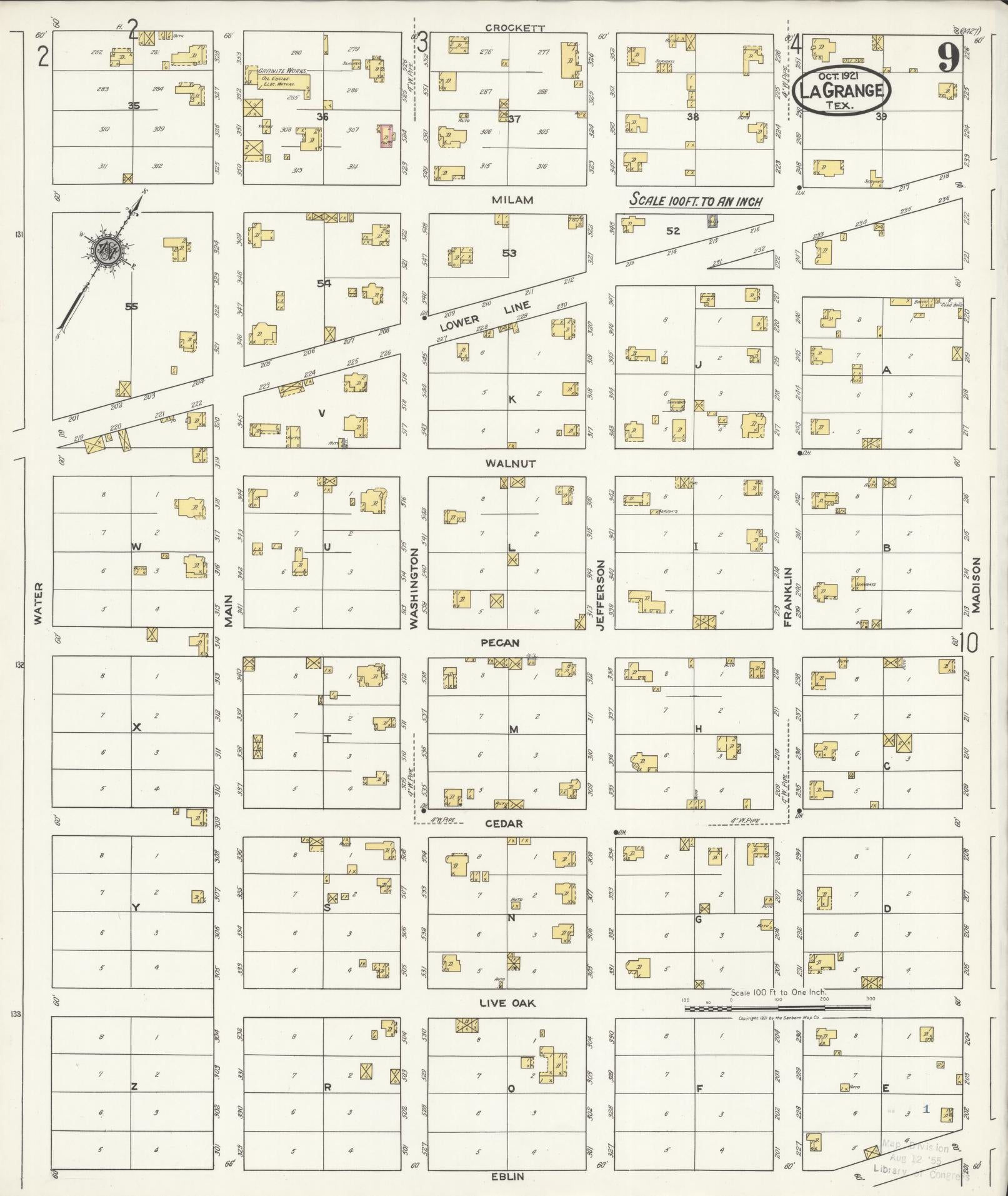 Sanborn Fire Insurance Map from La Grange, Fayette County, Texas (1921), Sheet #0009 - Historic Sanborn Fire Insurance Map Print, vintage old map wall art, antique decor, genealogy gift, Texas Texas map