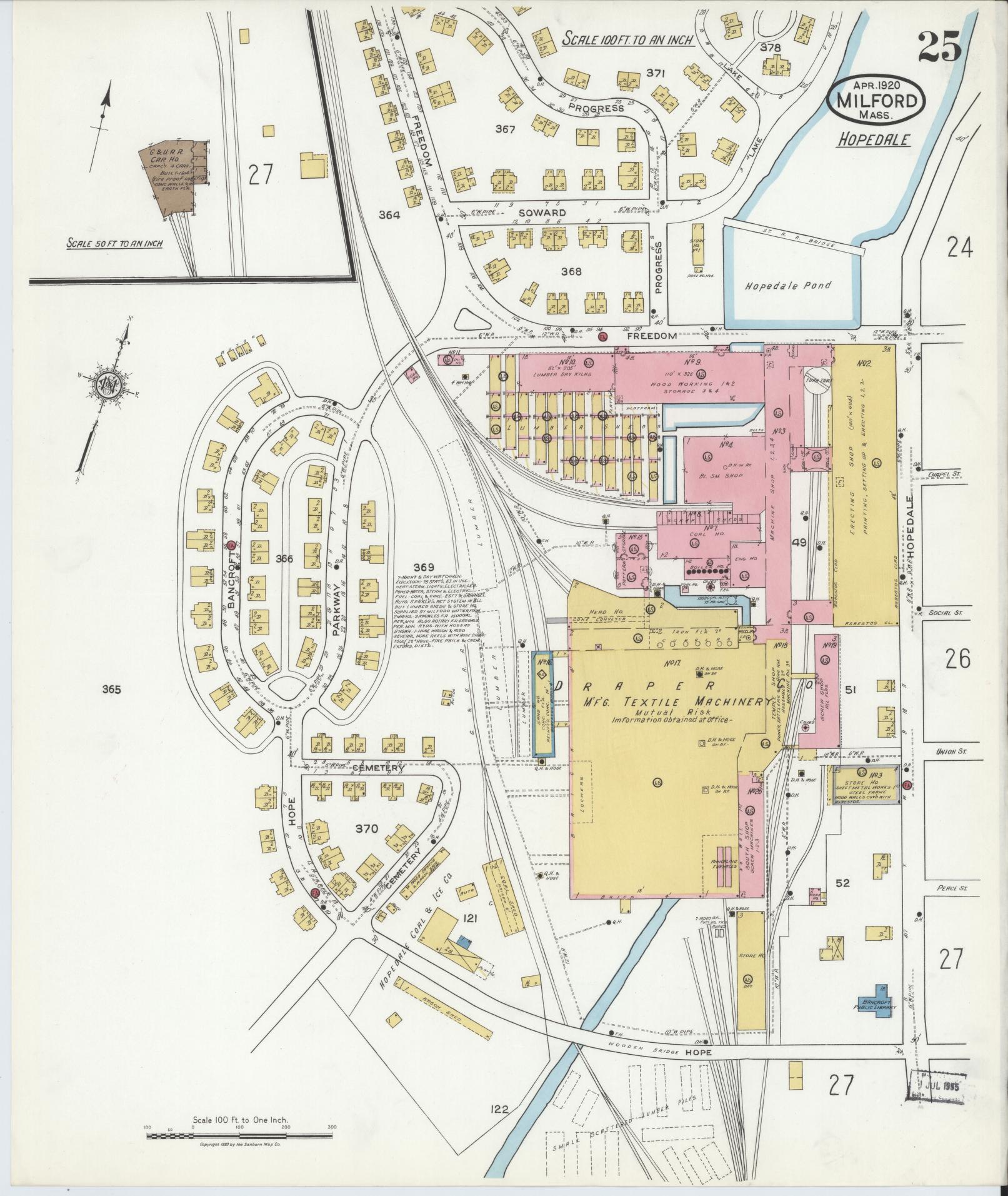 Sanborn Fire Insurance Map from Milford, Worcester County, Massachusetts (1920), Sheet #0025 - Historic Sanborn Fire Insurance Map Print, vintage old map wall art, antique decor, genealogy gift, Massachusetts Massachusetts map