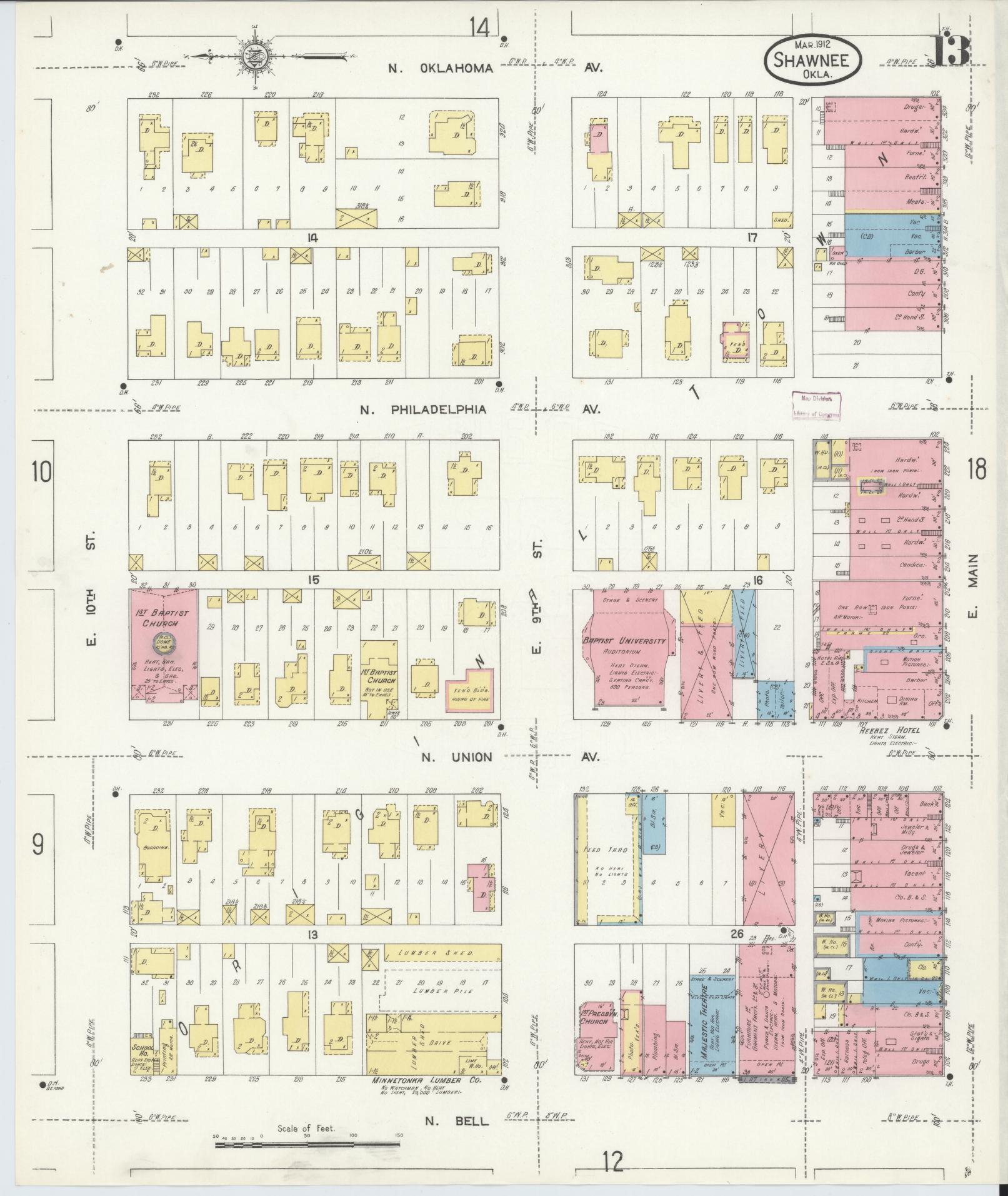 Sanborn Fire Insurance Map from Shawnee, Pottawatomie County, Oklahoma (1912), Sheet #0013 - Complete Map Set gallery image, historic Sanborn map, vintage wall art, Oklahoma Oklahoma