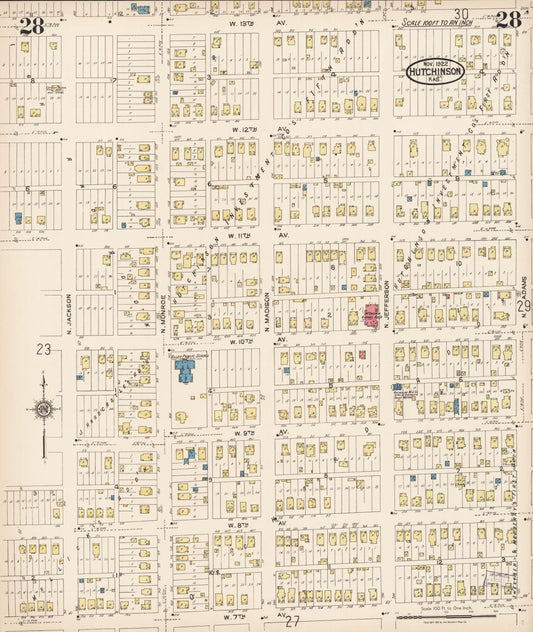 Sanborn Fire Insurance Map from Hutchinson, Reno County, Kansas (1922), Sheet #0029 - Historic Sanborn Fire Insurance Map Print, vintage old map wall art, antique decor, genealogy gift, Kansas Kansas map