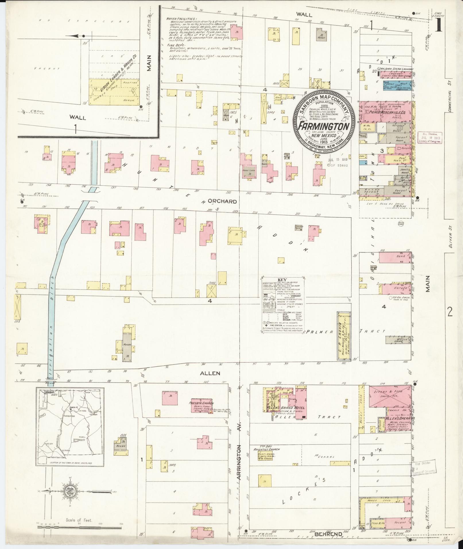 Sanborn Fire Insurance Map from Farmington, San Juan County, New Mexico (1913), Sheet #0001 - Historic Sanborn Fire Insurance Map Print, vintage old map wall art, antique decor, genealogy gift, New Mexico New Mexico map