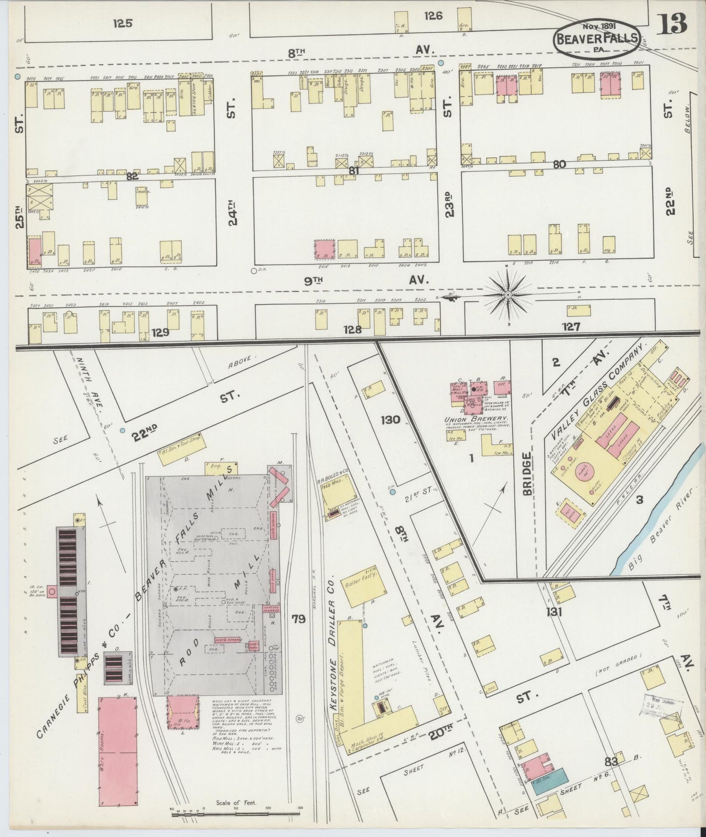 Sanborn Fire Insurance Map from Beaver Falls, Beaver County, Pennsylvania (1891), Sheet #0013 - Historic Sanborn Fire Insurance Map Print, vintage old map wall art, antique decor, genealogy gift, Pennsylvania Pennsylvania map