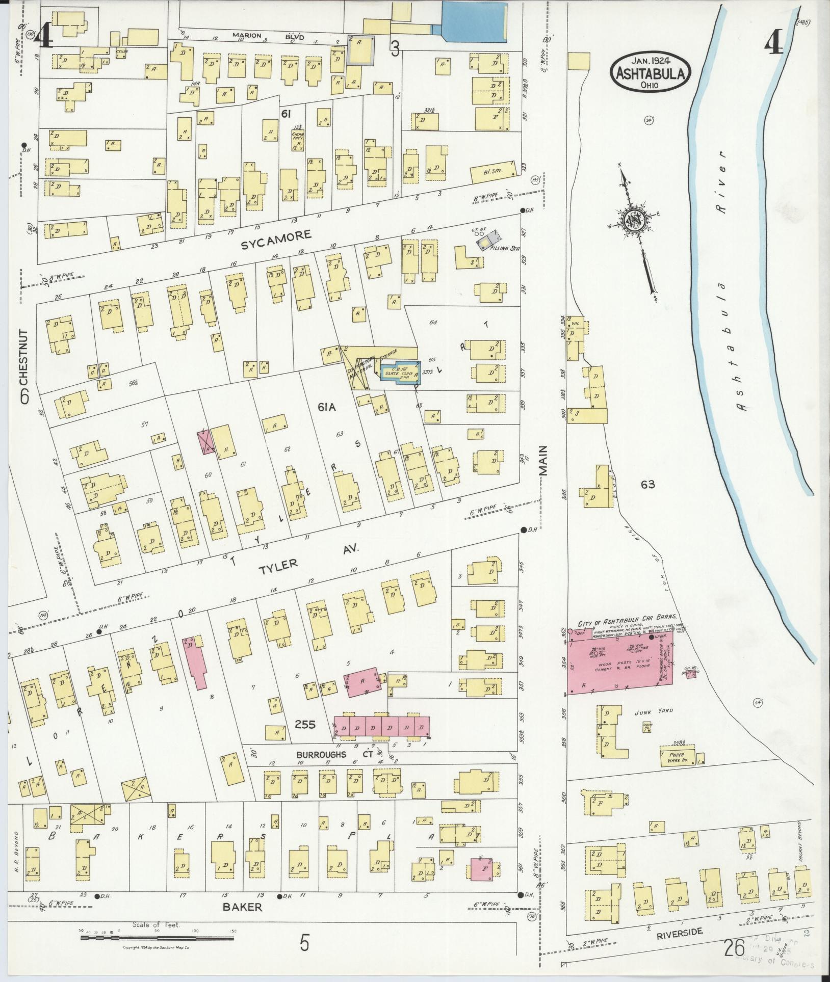Sanborn Fire Insurance Map from Ashtabula, Ashtabula County, Ohio (1924), Sheet #0004 - Historic Sanborn Fire Insurance Map Print, vintage old map wall art, antique decor, genealogy gift, Ohio Ohio map