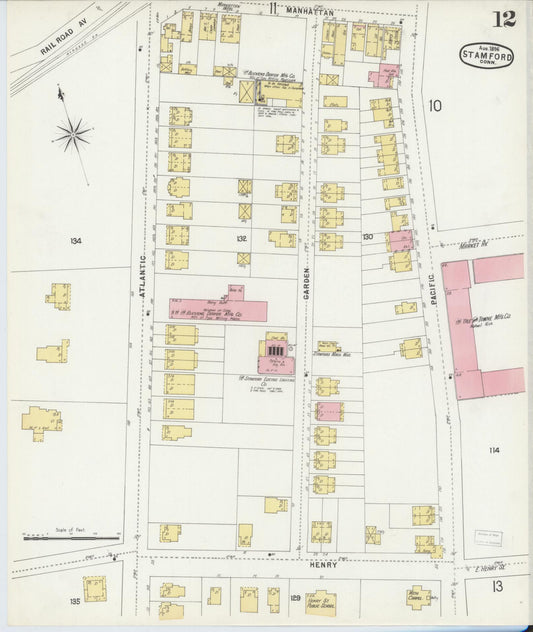Sanborn Fire Insurance Map from Stamford, Fairfield County, Connecticut (1896), Sheet #0012 - Historic Sanborn Fire Insurance Map Print, vintage old map wall art, antique decor, genealogy gift, Connecticut Connecticut map
