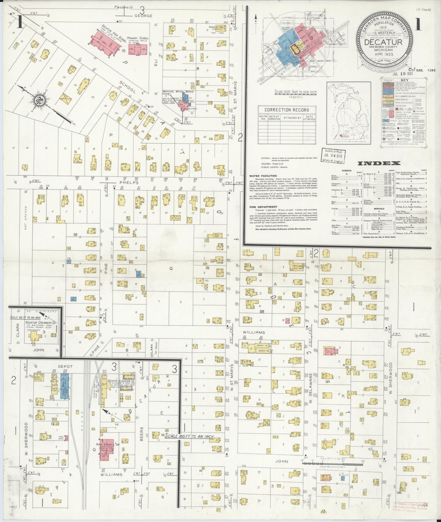 Sanborn Fire Insurance Map from Decatur, Van Buren County, Michigan (1933), Sheet #0001 - Complete Map Set gallery image, historic Sanborn map, vintage wall art, Michigan Michigan
