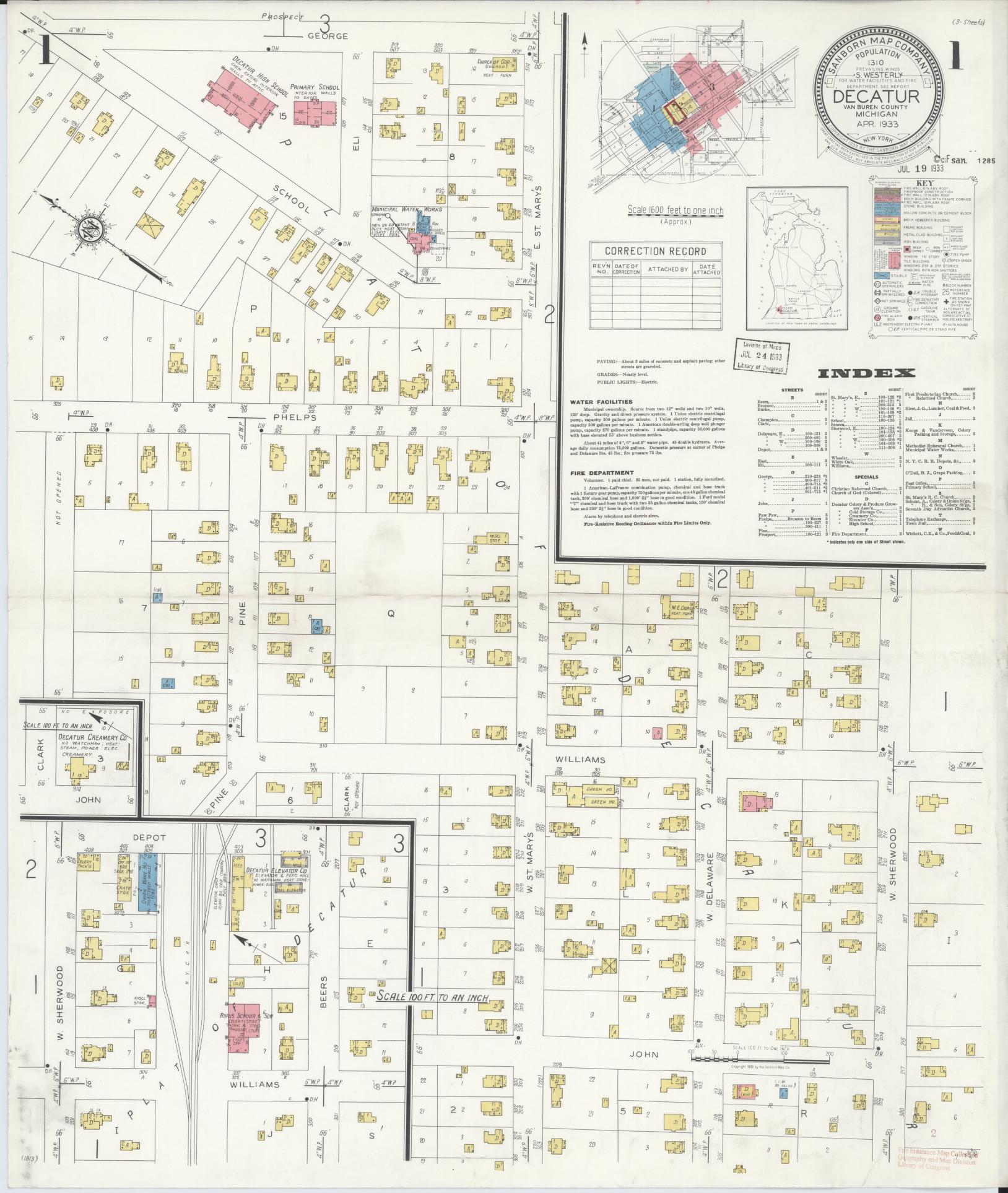 Sanborn Fire Insurance Map from Decatur, Van Buren County, Michigan (1933), Sheet #0001 - Complete Map Set gallery image, historic Sanborn map, vintage wall art, Michigan Michigan