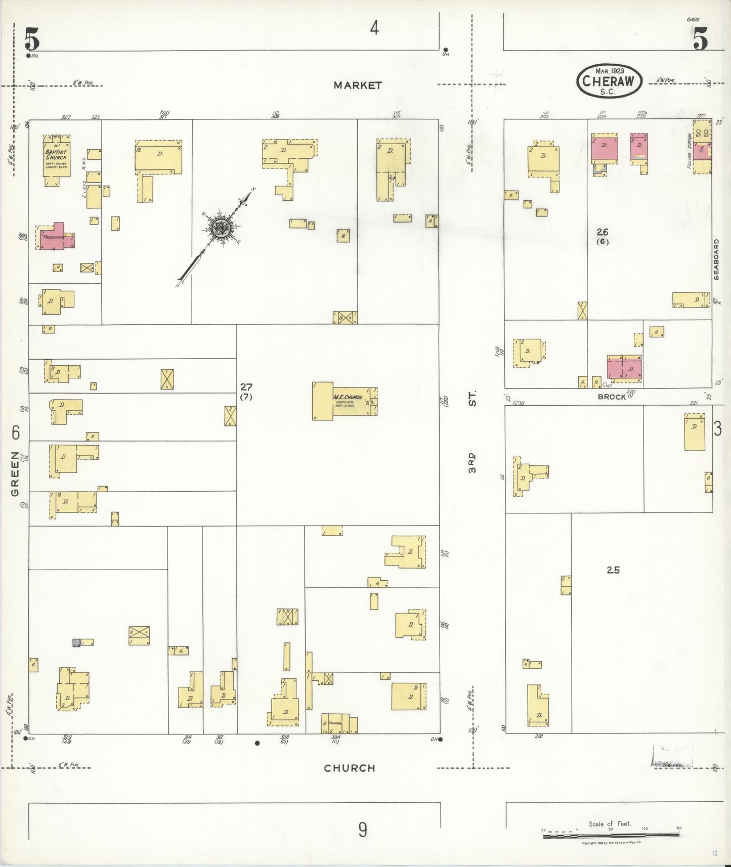 Sanborn Fire Insurance Map from Cheraw, Chesterfield County, South Carolina (1923), Sheet #0005 - Complete Map Set gallery image, historic Sanborn map, vintage wall art, South Carolina South Carolina