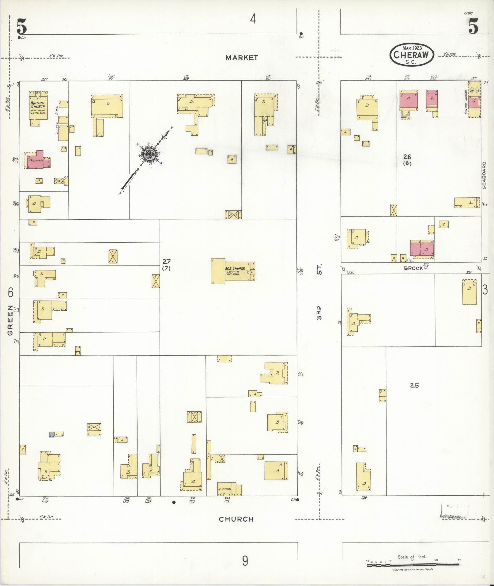 Sanborn Fire Insurance Map from Cheraw, Chesterfield County, South Carolina (1923), Sheet #0005 - Complete Map Set gallery image, historic Sanborn map, vintage wall art, South Carolina South Carolina