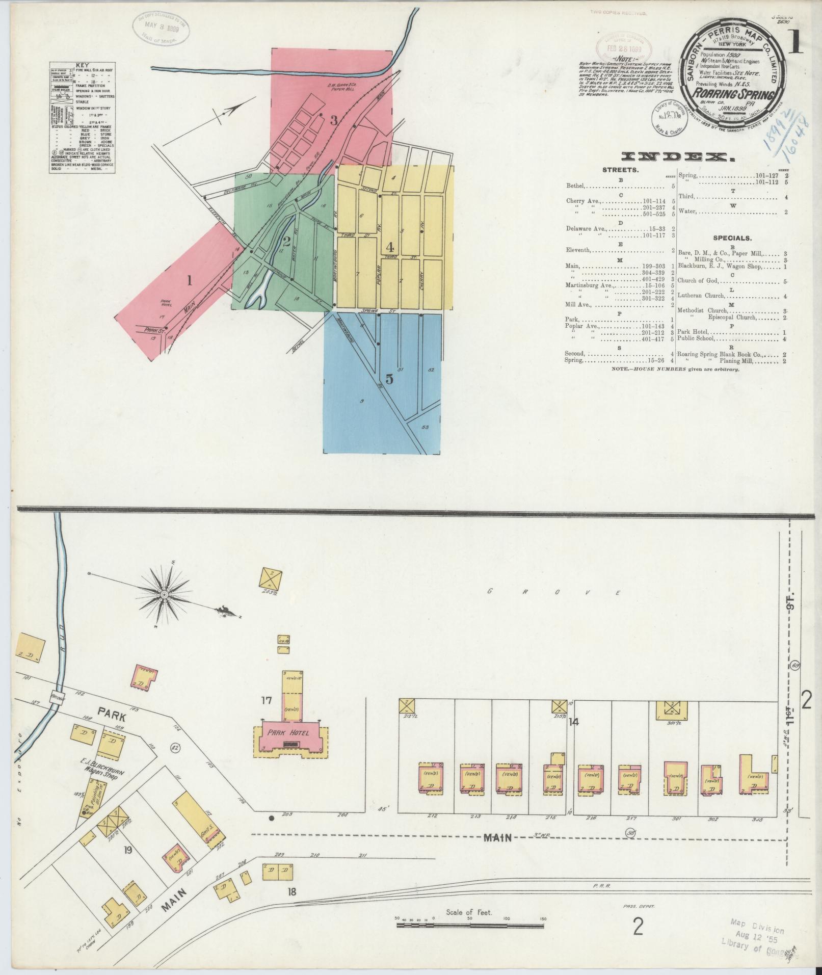 Sanborn Fire Insurance Map from Roaring Spring, Blair County, Pennsylvania (1899), Sheet #0001 - Complete Map Set gallery image, historic Sanborn map, vintage wall art, Pennsylvania Pennsylvania