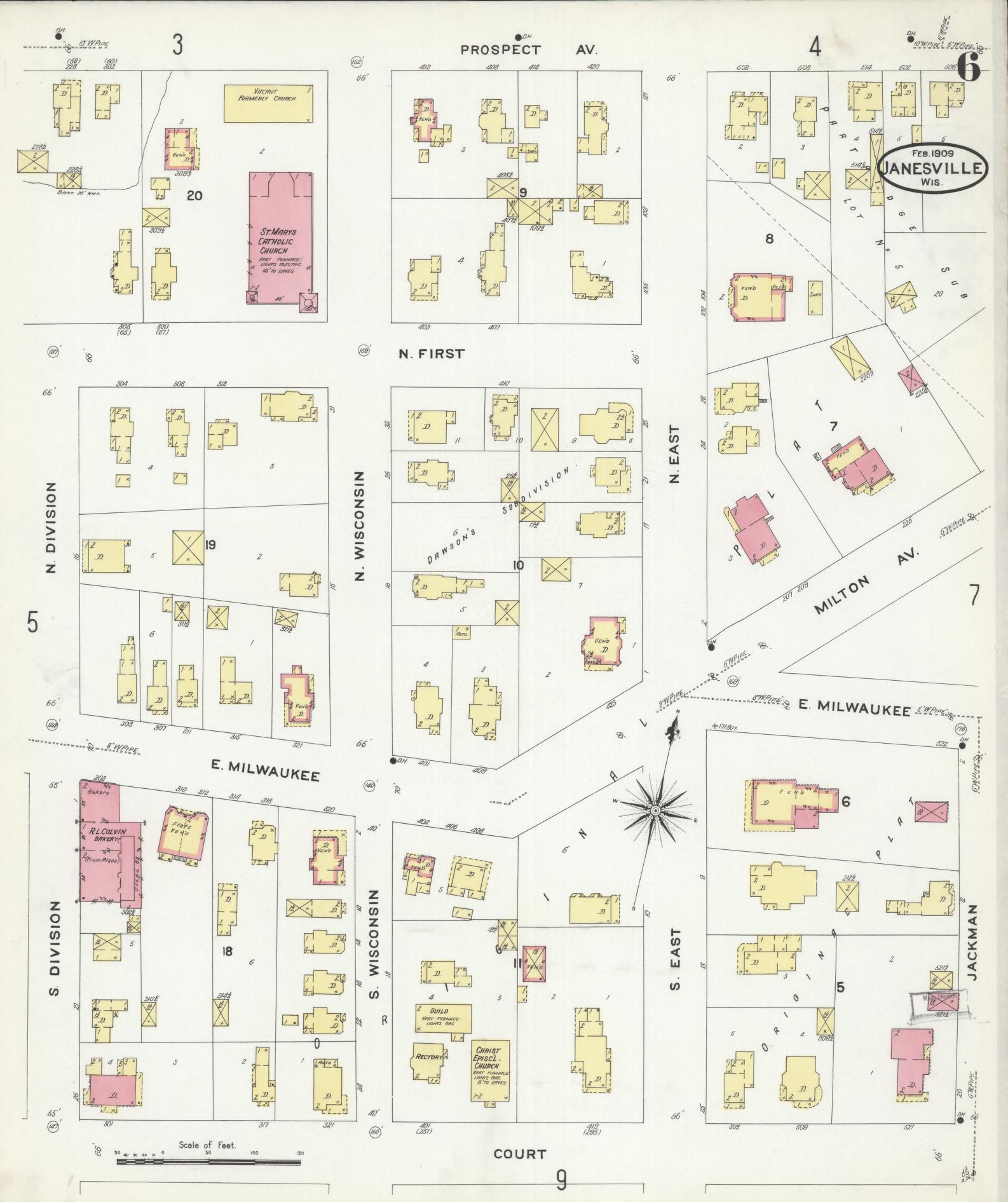 Sanborn Fire Insurance Map from Janesville, Rock County, Wisconsin (1909), Sheet #0006 - Complete Map Set gallery image, historic Sanborn map, vintage wall art, Wisconsin Wisconsin