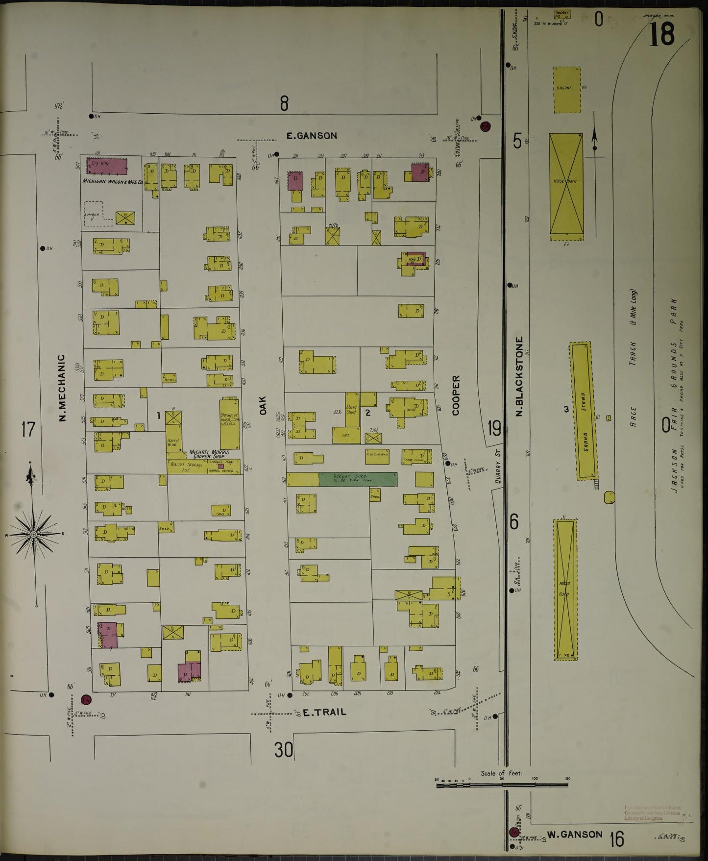 Sanborn Fire Insurance Map from Jackson, Jackson County, Michigan (1907), Sheet #0018 - Complete Map Set gallery image, historic Sanborn map, vintage wall art, Michigan Michigan
