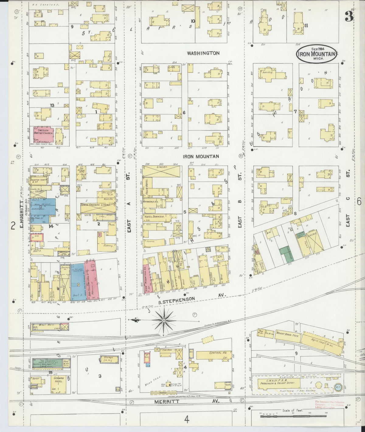 Sanborn Fire Insurance Map from Iron Mountain, Dickinson County, Michigan (1904), Sheet #0003 - Historic Sanborn Fire Insurance Map Print, vintage old map wall art, antique decor, genealogy gift, Michigan Michigan map