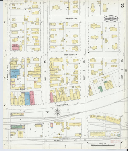 Sanborn Fire Insurance Map from Iron Mountain, Dickinson County, Michigan (1904), Sheet #0003 - Historic Sanborn Fire Insurance Map Print, vintage old map wall art, antique decor, genealogy gift, Michigan Michigan map