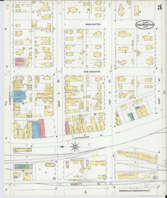 Sanborn Fire Insurance Map from Iron Mountain, Dickinson County, Michigan (1904), Sheet #0003 - Historic Sanborn Fire Insurance Map Print, vintage old map wall art, antique decor, genealogy gift, Michigan Michigan map