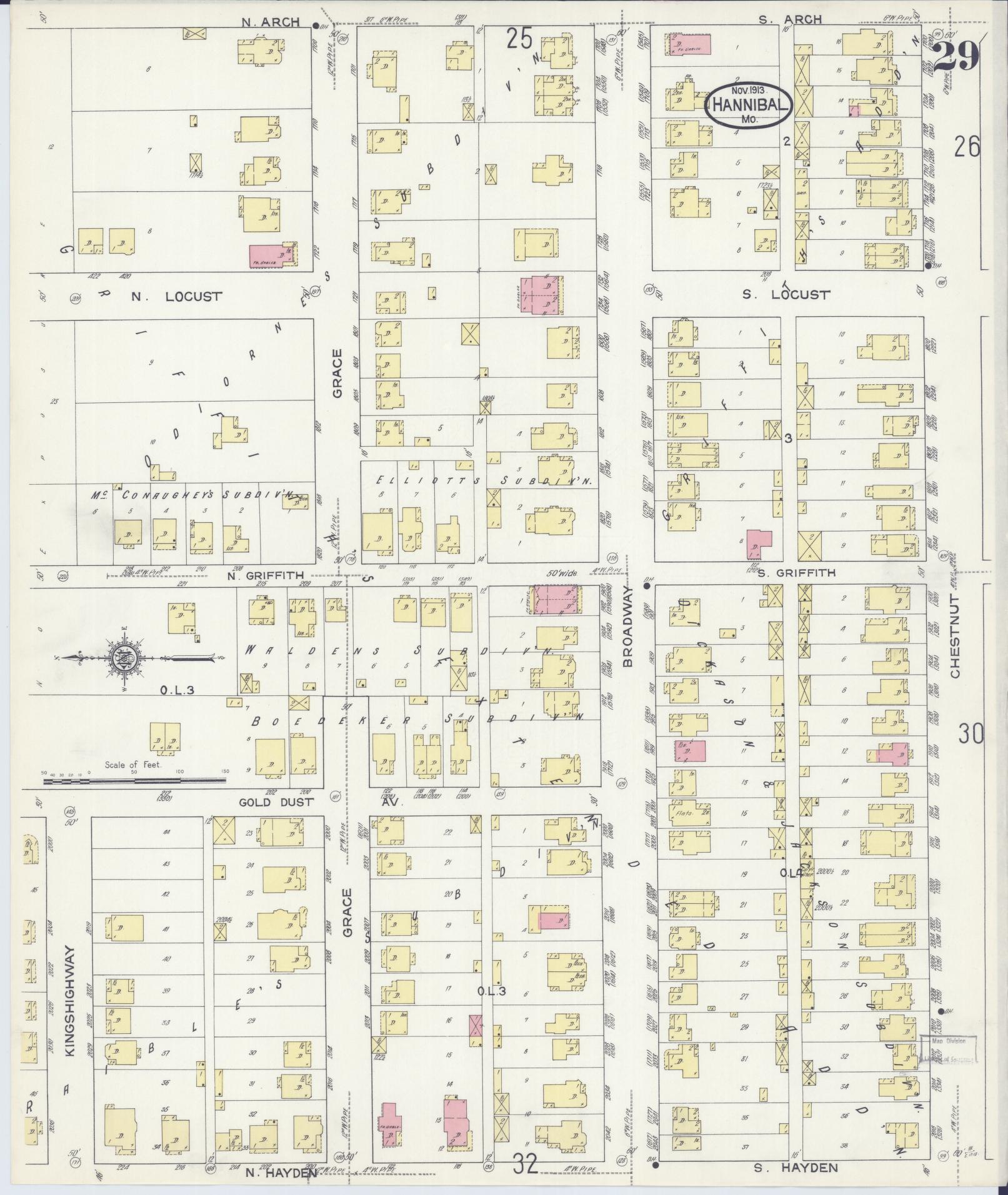 Sanborn Fire Insurance Map from Hannibal, Marion County, Missouri (1913), Sheet #0029 - Historic Sanborn Fire Insurance Map Print, vintage old map wall art, antique decor, genealogy gift, Missouri Missouri map