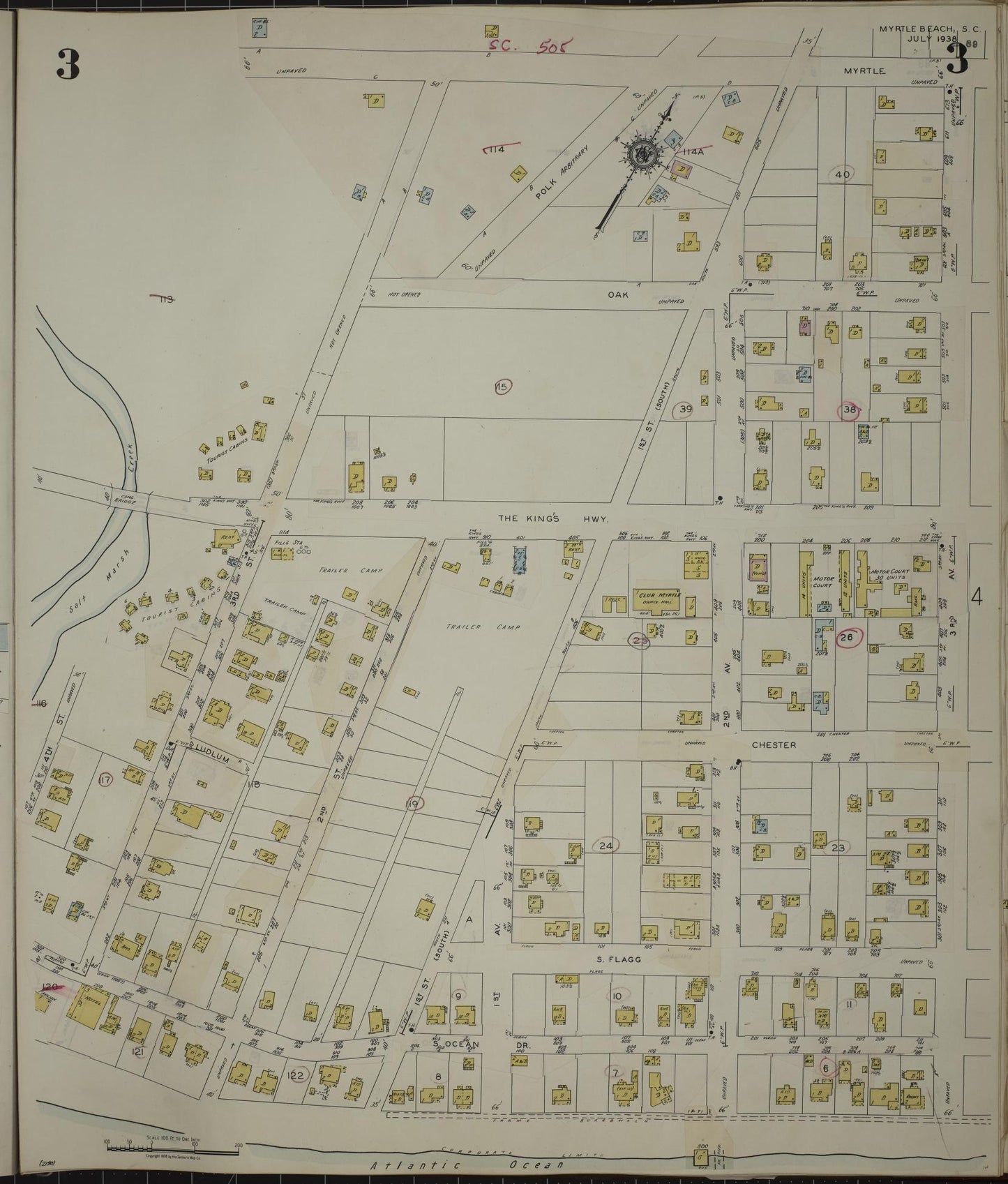 Sanborn Fire Insurance Map from Myrtle Beach, Horry County, South Carolina (1949), Sheet #0003 - Historic Sanborn Fire Insurance Map Print, vintage old map wall art, antique decor, genealogy gift, South Carolina South Carolina map